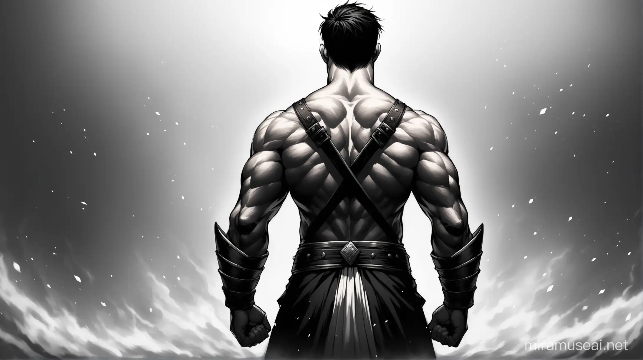 alone Muscular Warrior Standing turned back with Swards in his both hands and the background should be black and warrior image should be of white colour