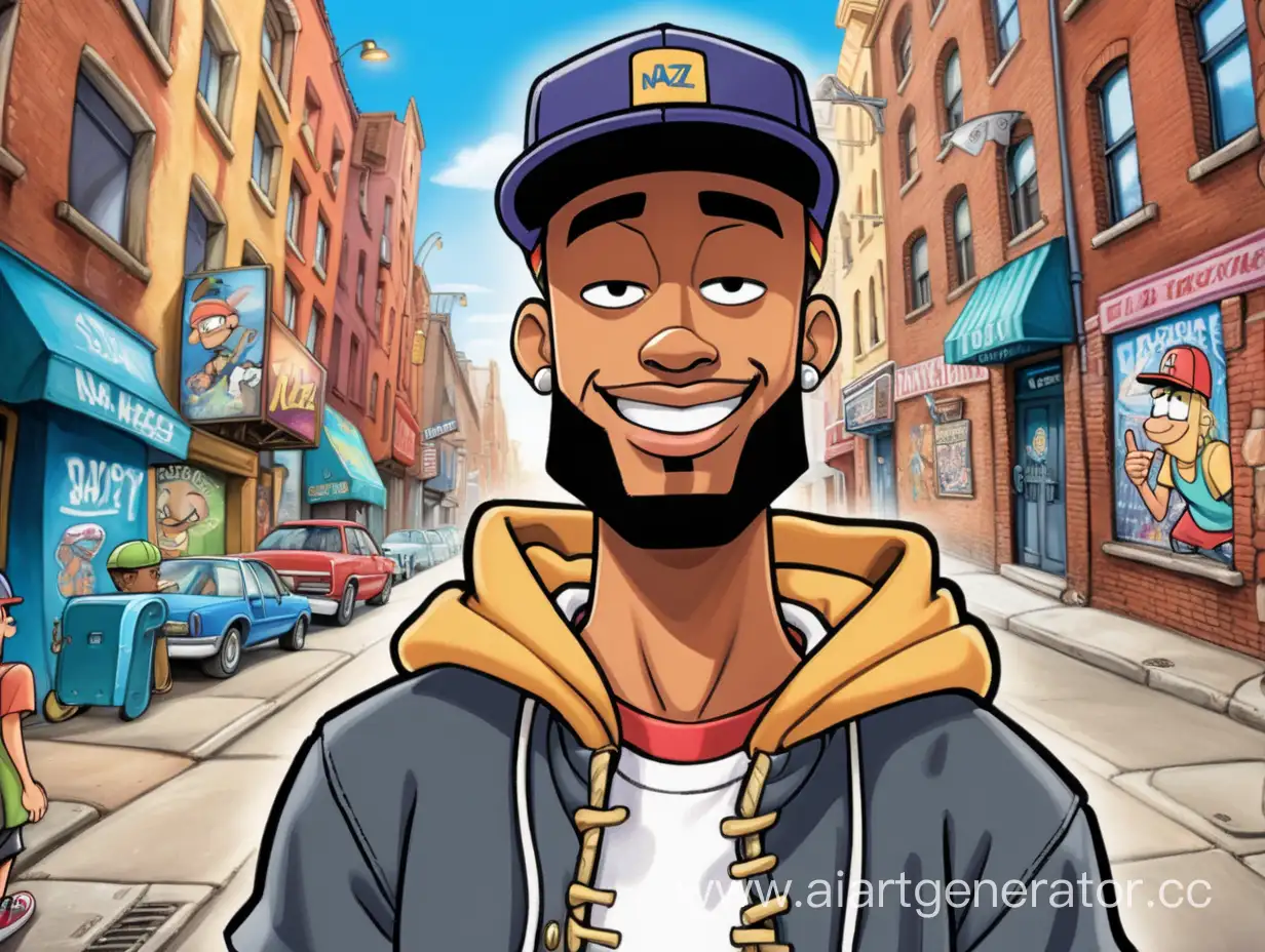 half-breed guy with beard, smile, sad eyes, cap is backwards, hip-hop, jazz, a picture cartoon Hey Arnold, street background
