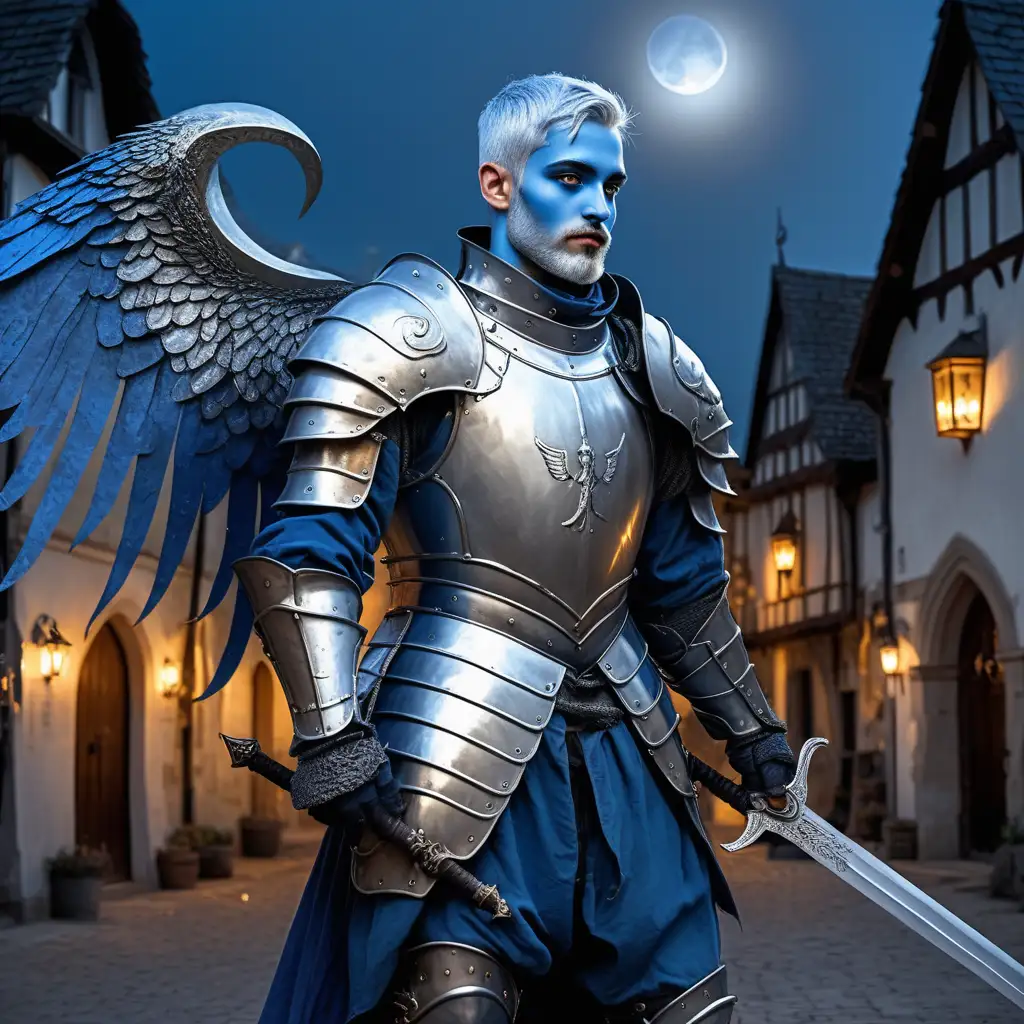 blue skinned young man with blue skin, short silver hair, short silver Van Dyke beard, full cuirass armor with crescent moon symbol, two handed sword flamberge, ethereal silver wings, medieval town, night