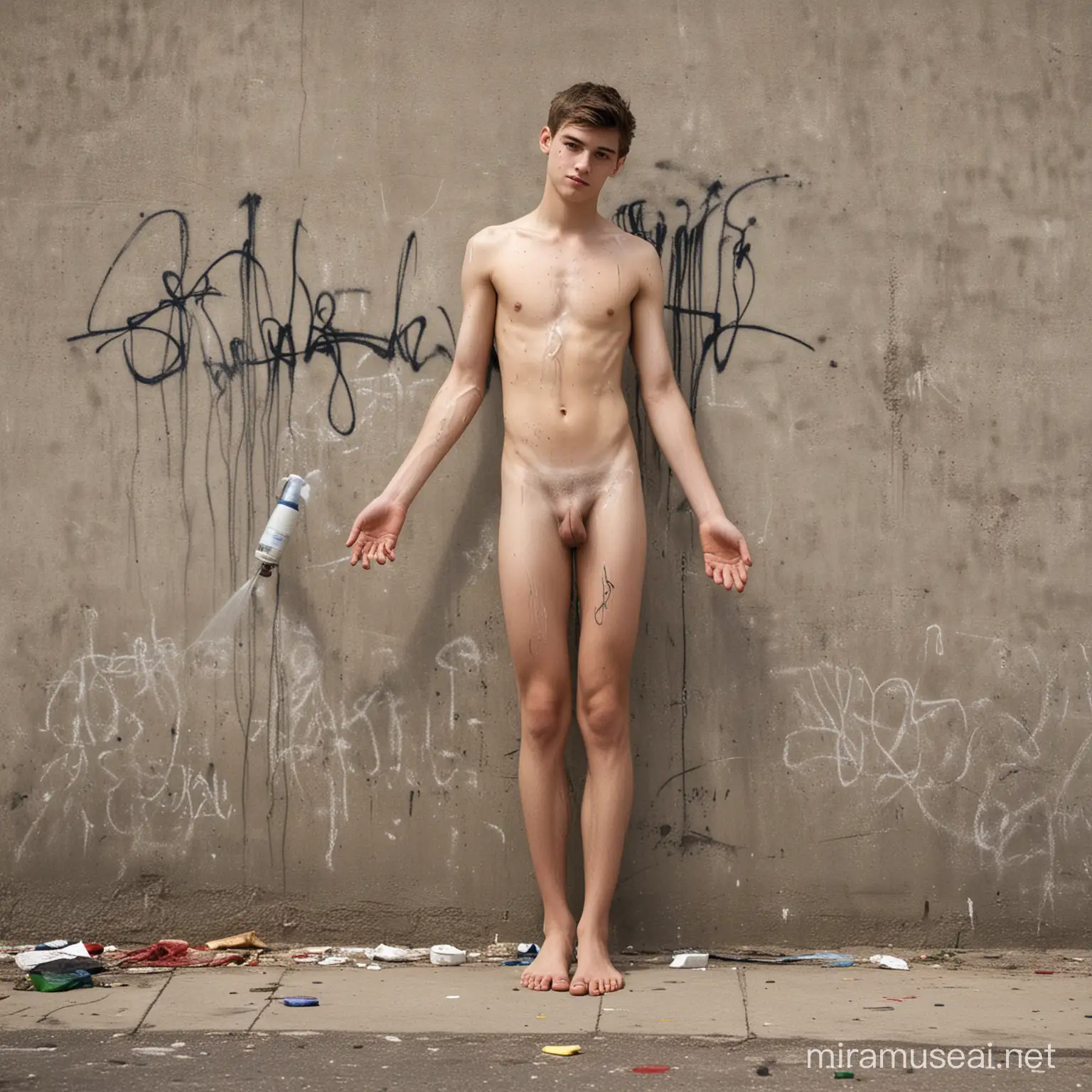 Rapaz de 18 anos, completamente nu, descalço, sem nenhuma roupa, corpo bem definido, faz grafite (pintura com spray) em um muro, representando homem de terno e gravata, cobrindo os genitais, demonstrando vergonha.