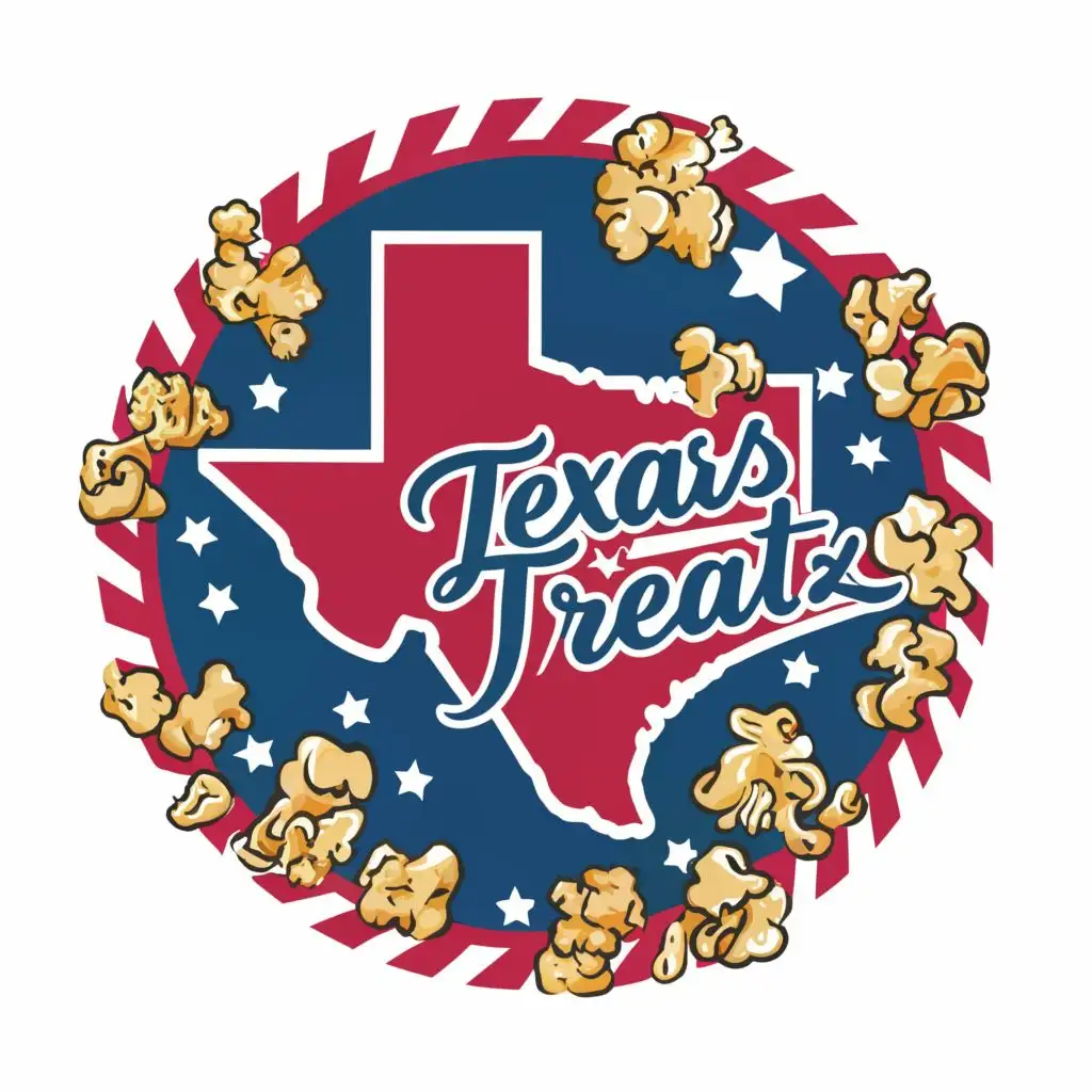 logo, Red, white and blue state of “Texas” with  popcorn and “Texas Treatz” written inside and snacks around the image, with the text "Texas Treatz", typography