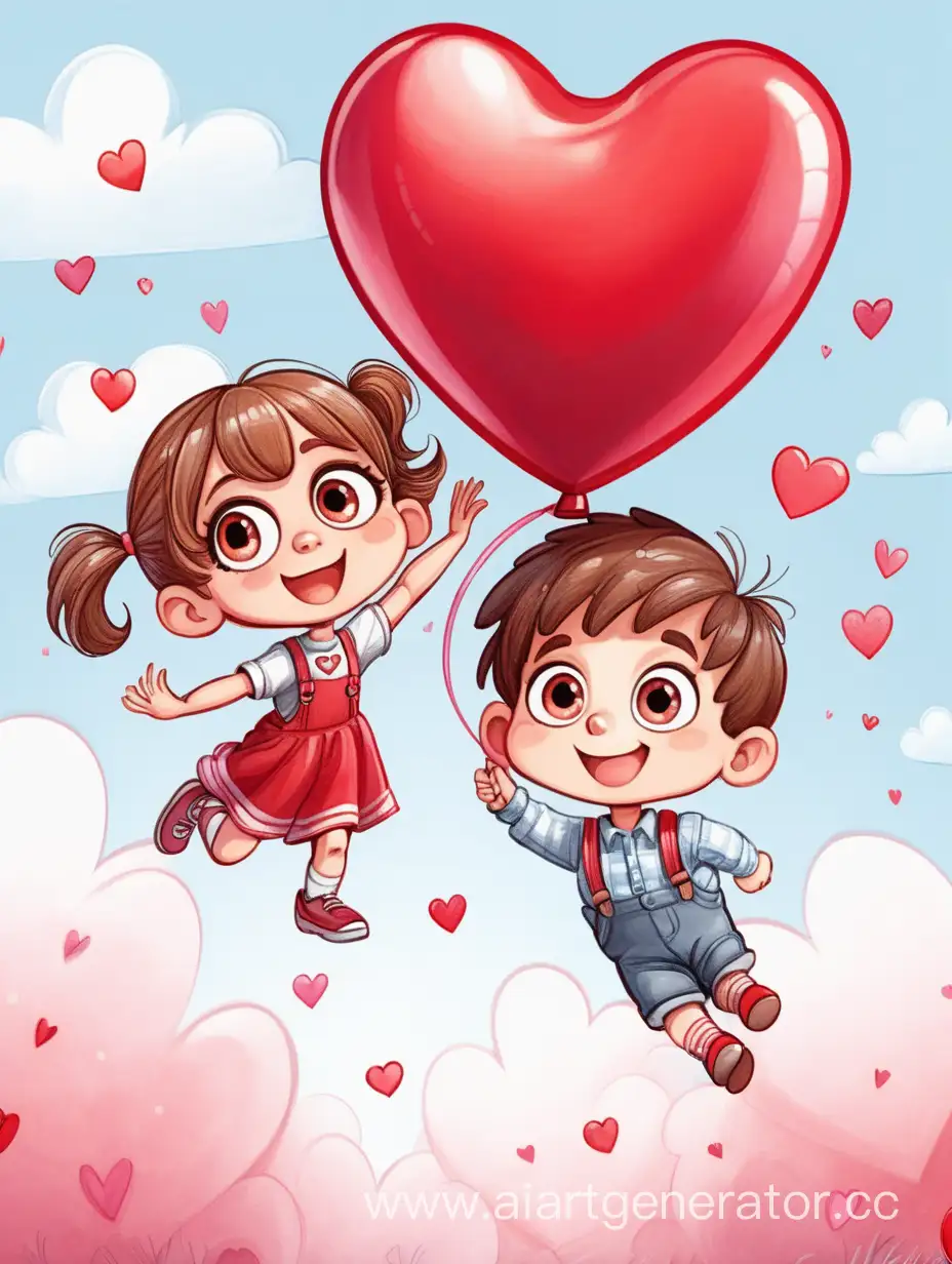рисунок в стиле мультфильма: забавные мальчик и девочка летят на воздушном  шаре в виде красного сердца. Большие глаза улыбаются. День святого валентина