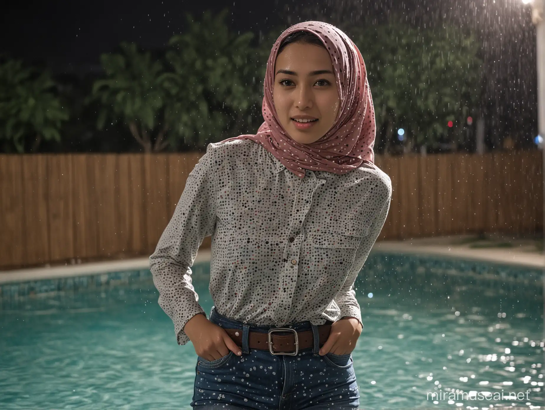 15 years old woman - malaysian, flat-chested, tight polkadot print cotton blouse tucked into jeans with belt - soaking diaphanous wet, hijab, out from the swimming pool, wet face, wet clothes, wet body, goofy expression, at night