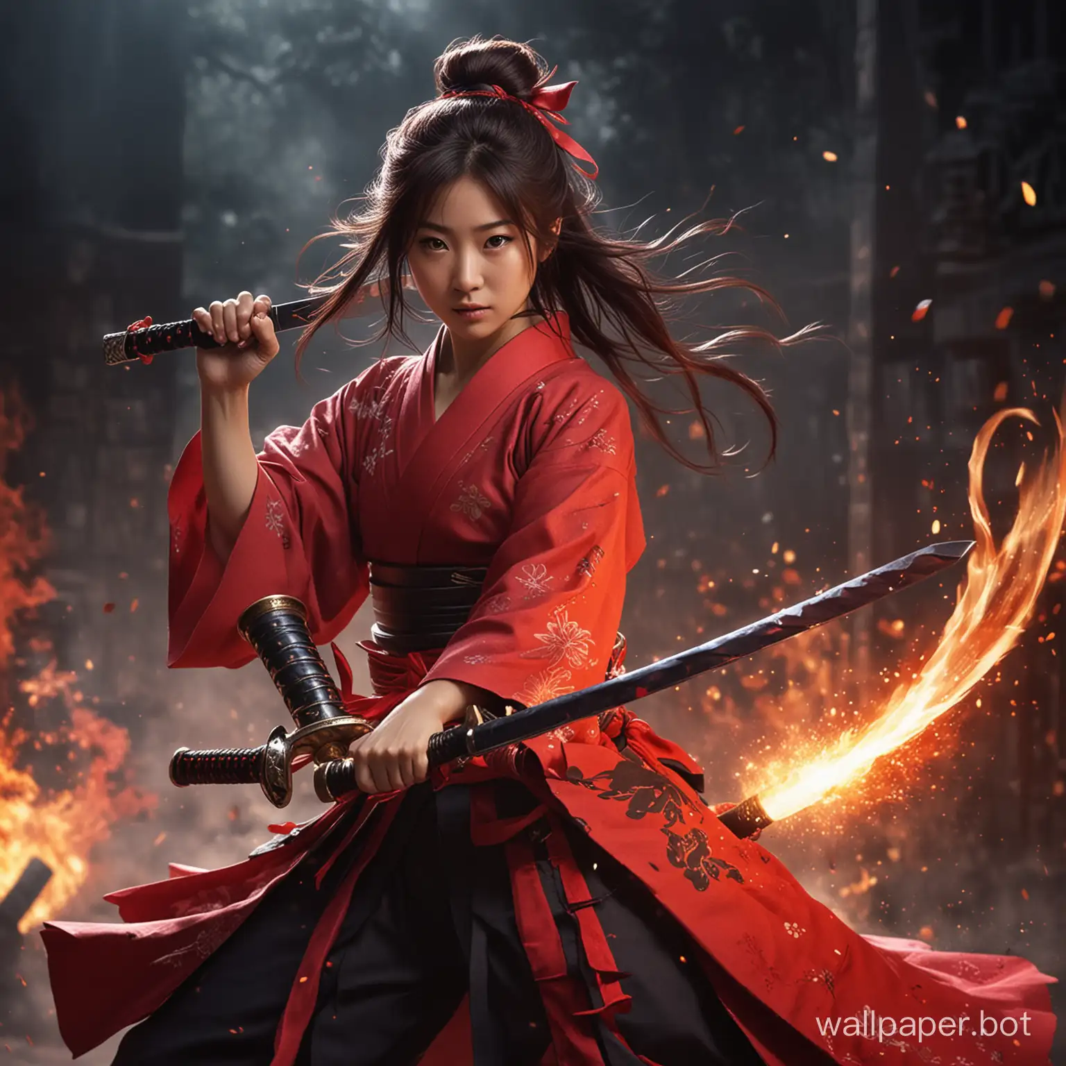 Kyoko Fukada, cute samurai girl, using red samurai amour, perform special move with sword, against dragon with fire.