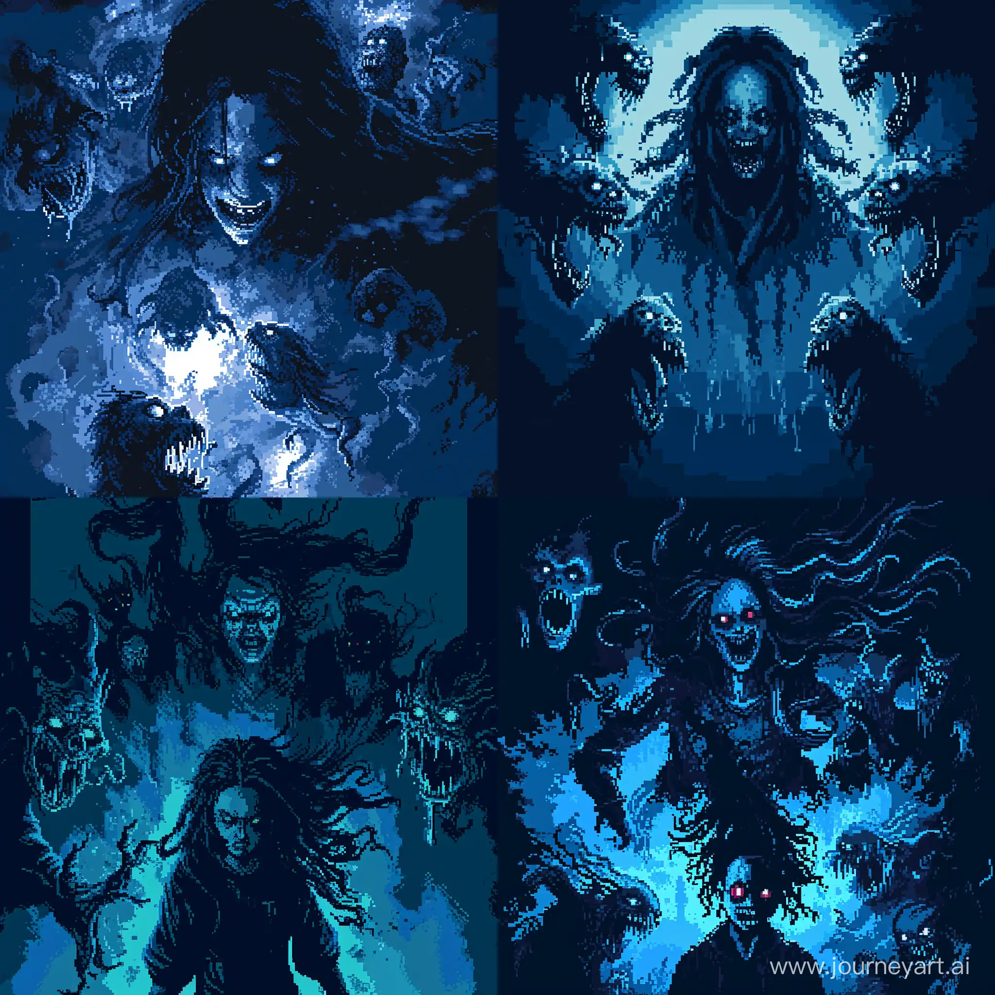 пиксельная картинка в темно синих тонах, человек, выглядящий как псих, с длинными волосами и вокруг его окружают демоны