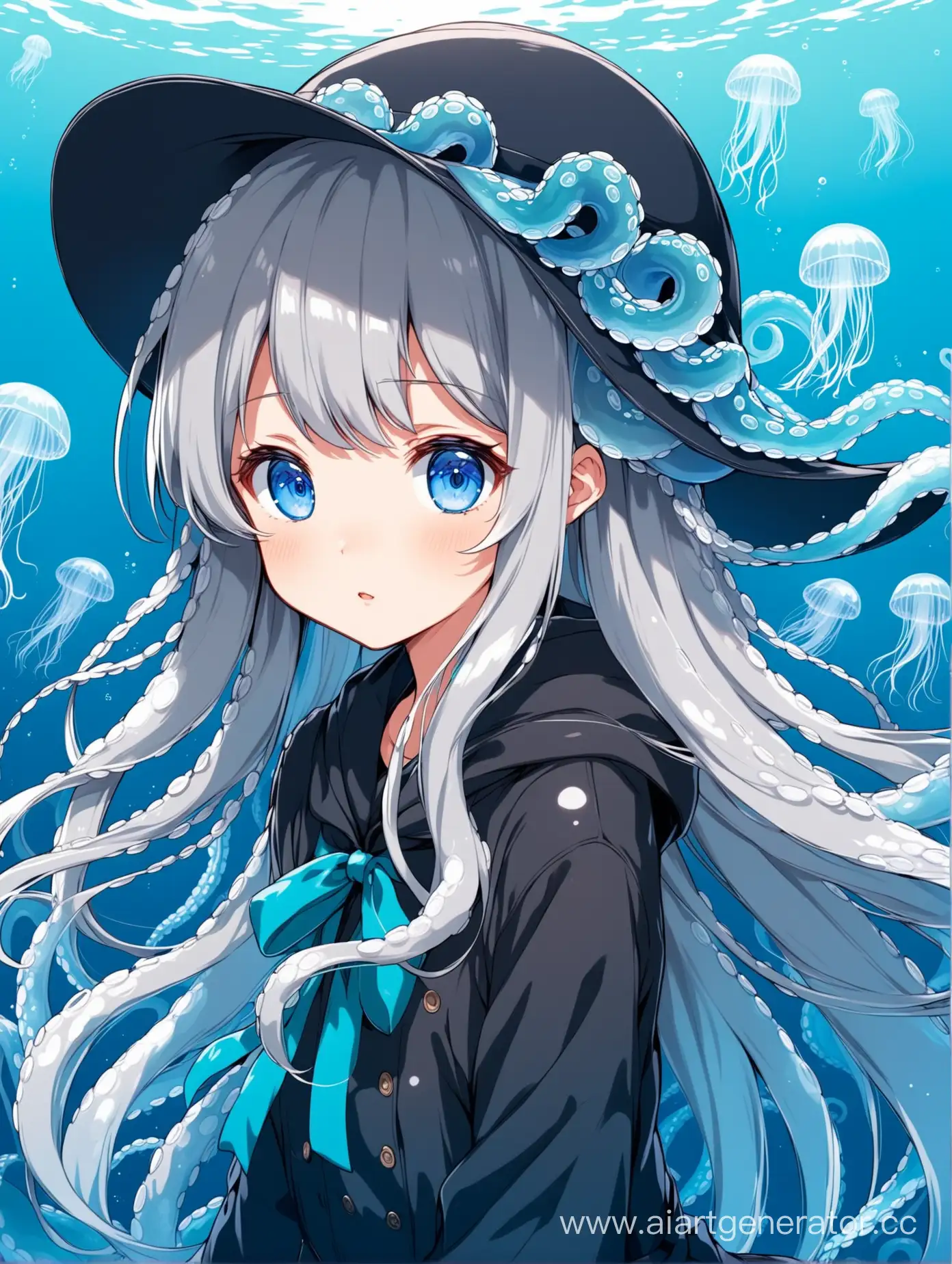 медуза девушка аниме милая серые волосы синие глаза длинные волосы в шляпе с тентаклями
