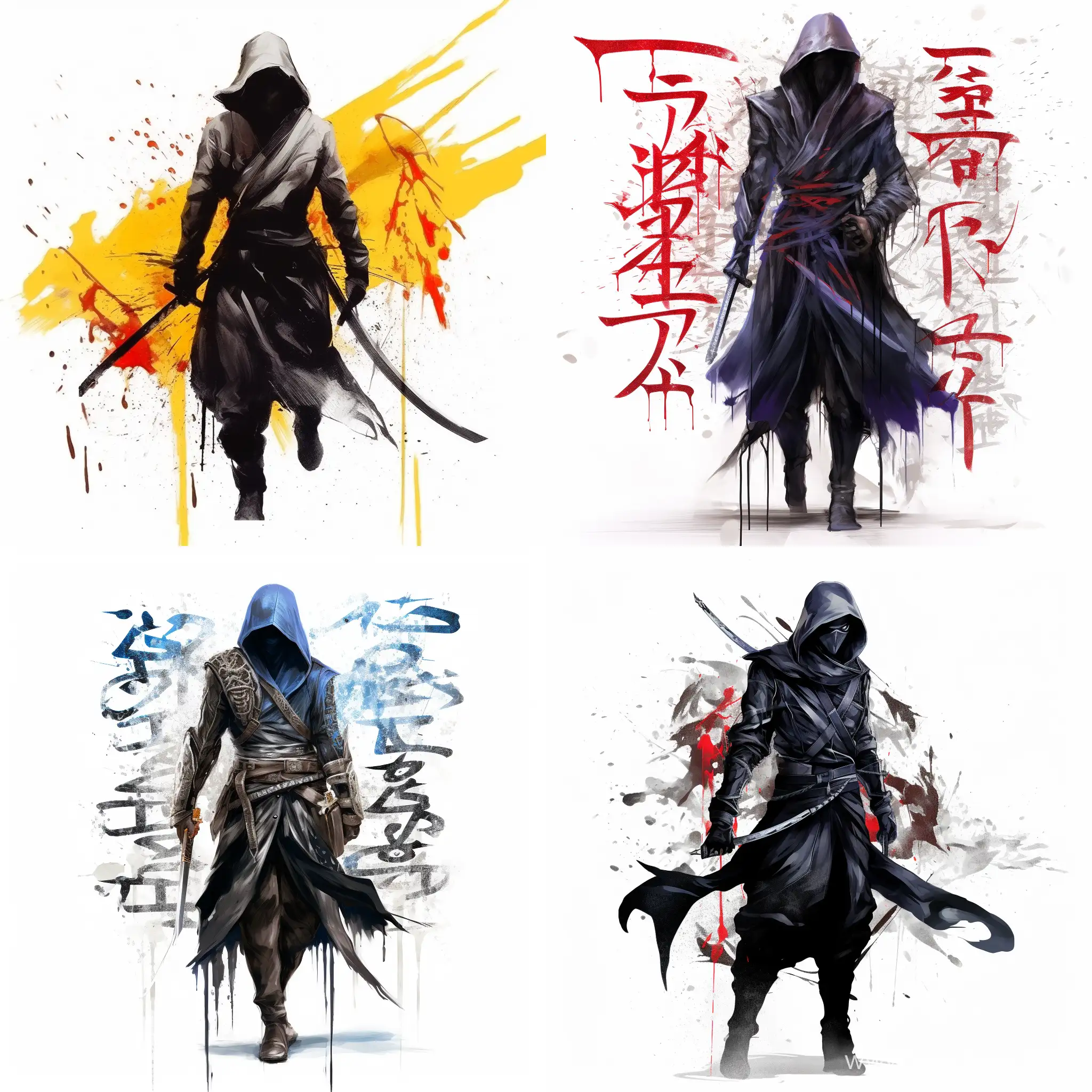 ninja, close-up, ink artistic conception, with typography elements, abstract, complementary colors, simplicity, Chinese painting, white background, 18k, full body, 