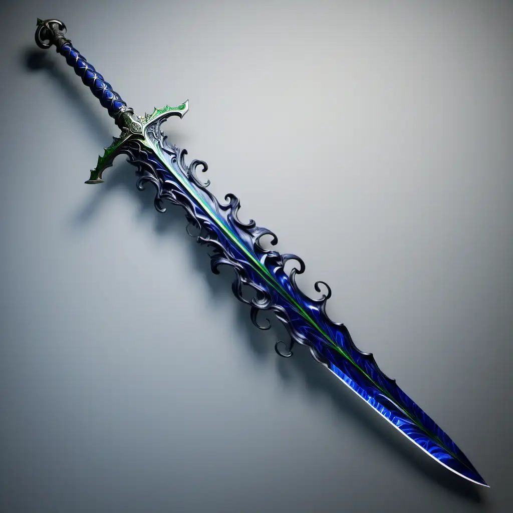 Enigmatic Deep Blue Sword with Green Veining and Runes