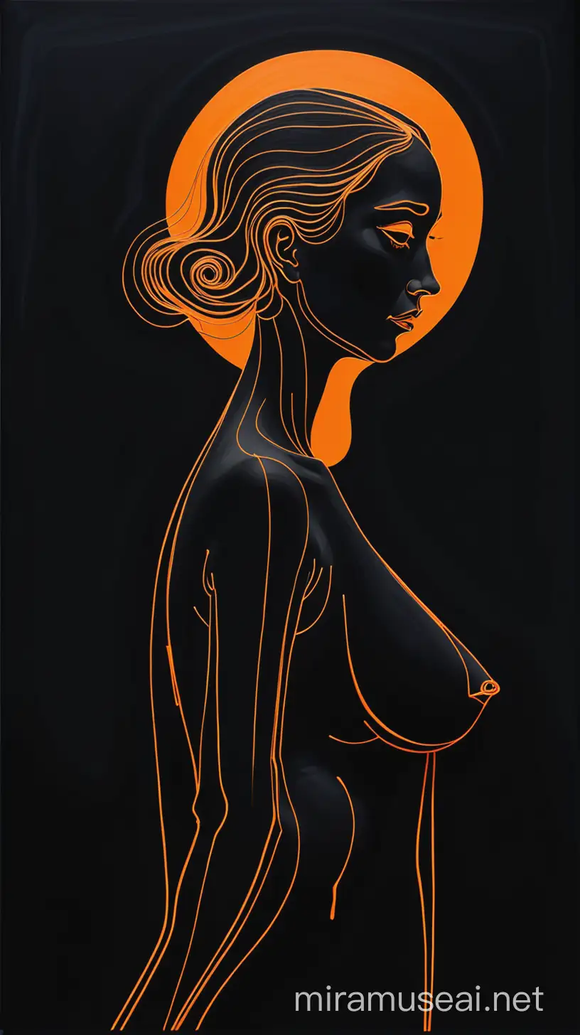 Painting of outlines of woman who is lonely and depressed. Black background and orange outlines.  inspired by Salvador Dali and Banski  style.  no nudes