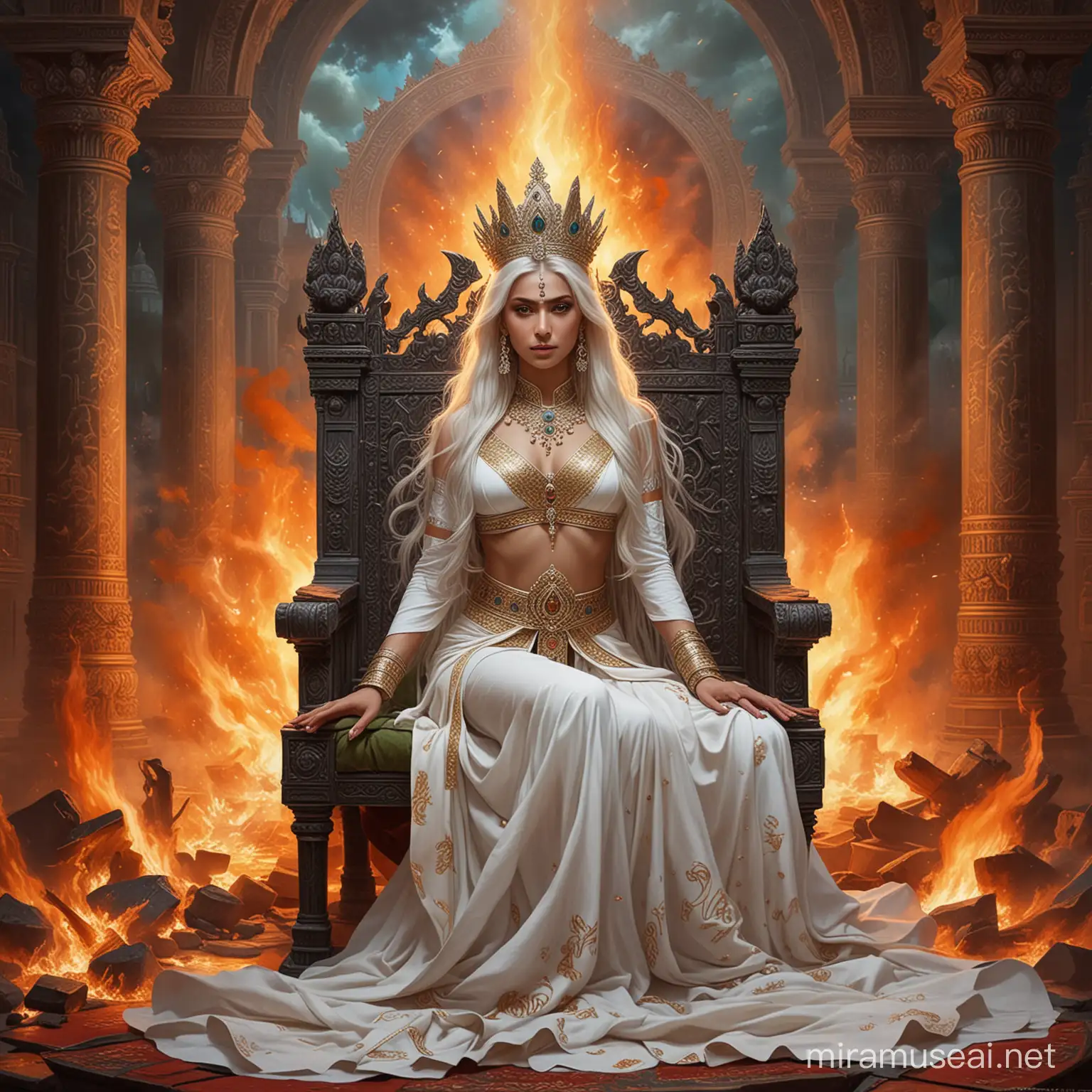 Majestic Hindu Empress Surrounded by Fire and Deities