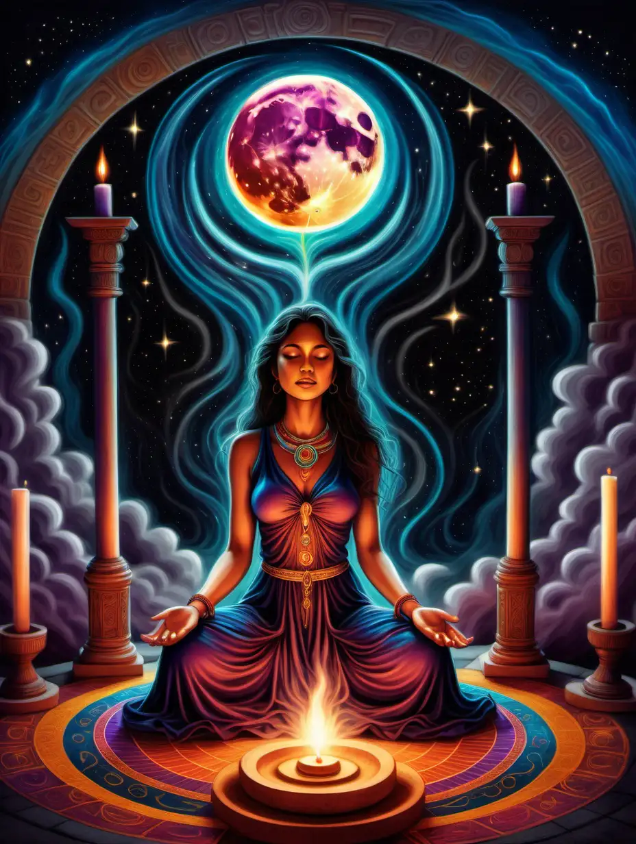 beautiful mystical coloful drawing of a new moon ritual of beautiful woman sitting at a sacred altar, feeling the divine presence of universal energy swirling around her.
