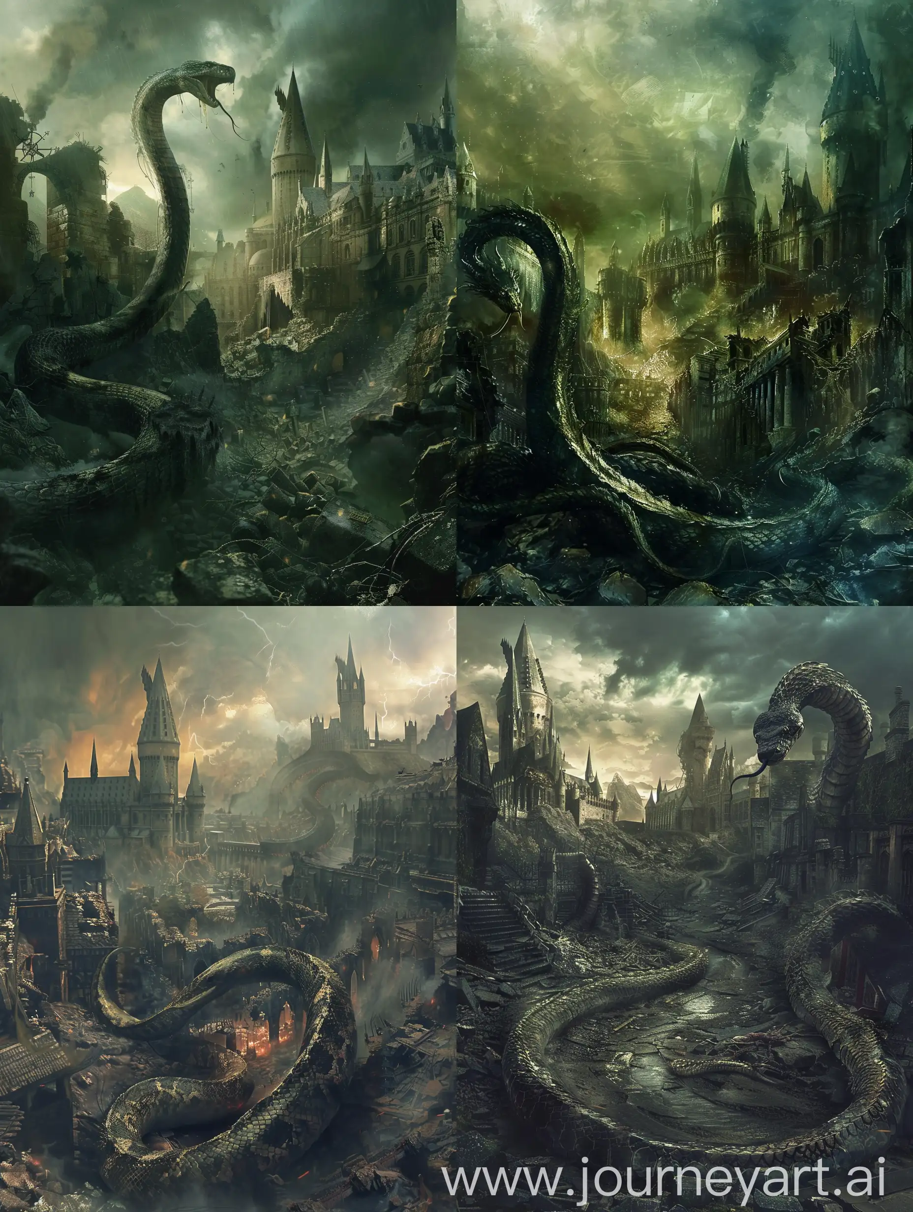 serpent  in a destroyed city/ hogwarts/ dark 