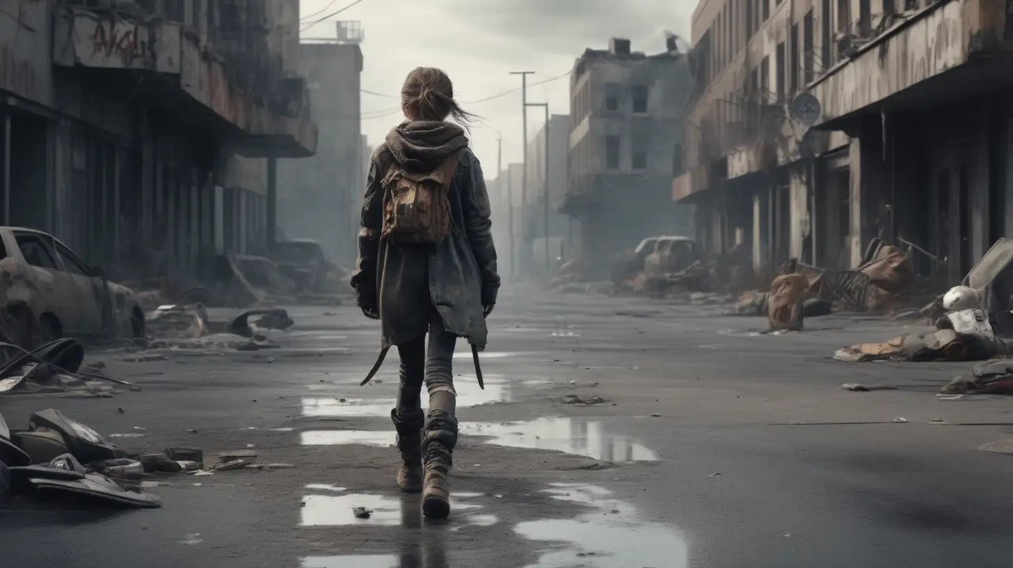 high resolution photo of a post apocalyptic scene of a alone girl walking the street in ultra realistic, HD, 8K real life