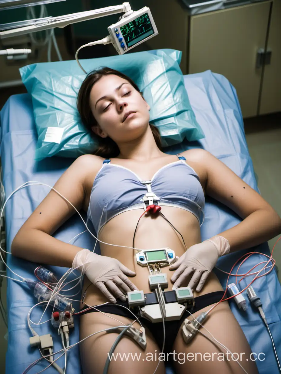 Young woman lying down on the operating table in a hospital operating room. She is connected to heart monitors with numerous sensors and wires on her body and chest. She has at least twenty heart monitor electrodes on her chest, connected to wires. She has a breathing tube. She is wearing an underwire bra.