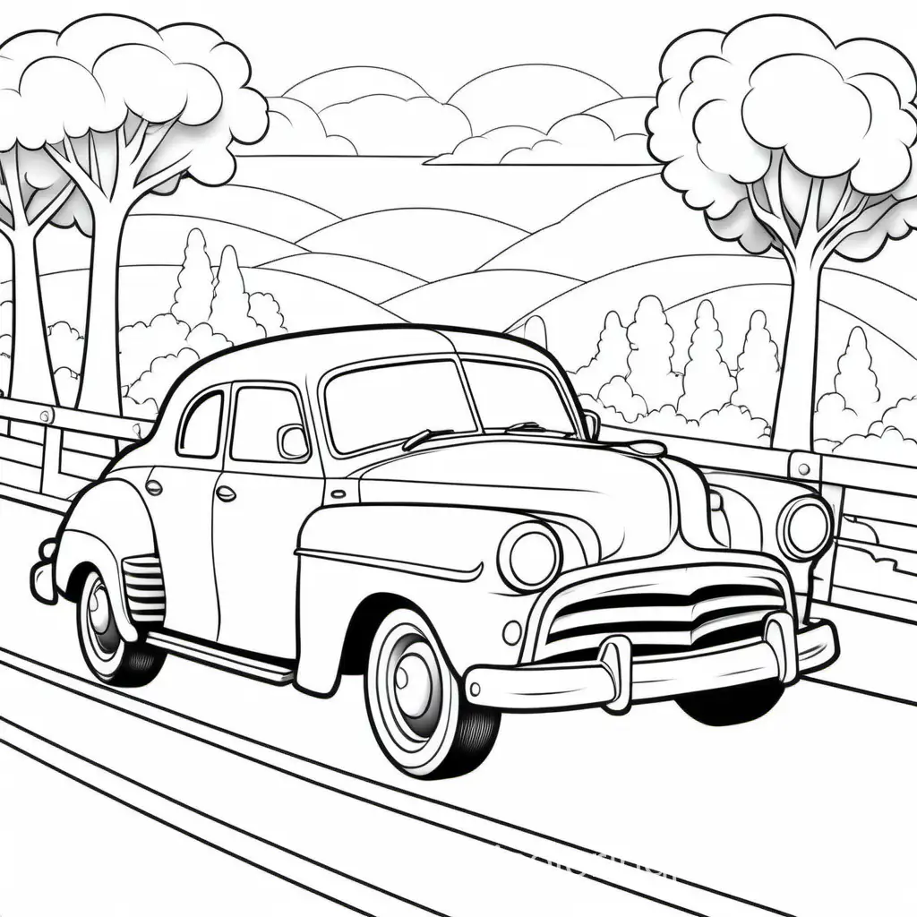 old classic car on the road by carnival, Coloring Page, black and white, line art, white background, Simplicity, Ample White Space. The background of the coloring page is plain white to make it easy for young children to color within the lines. The outlines of all the subjects are easy to distinguish, making it simple for kids to color without too much difficulty
