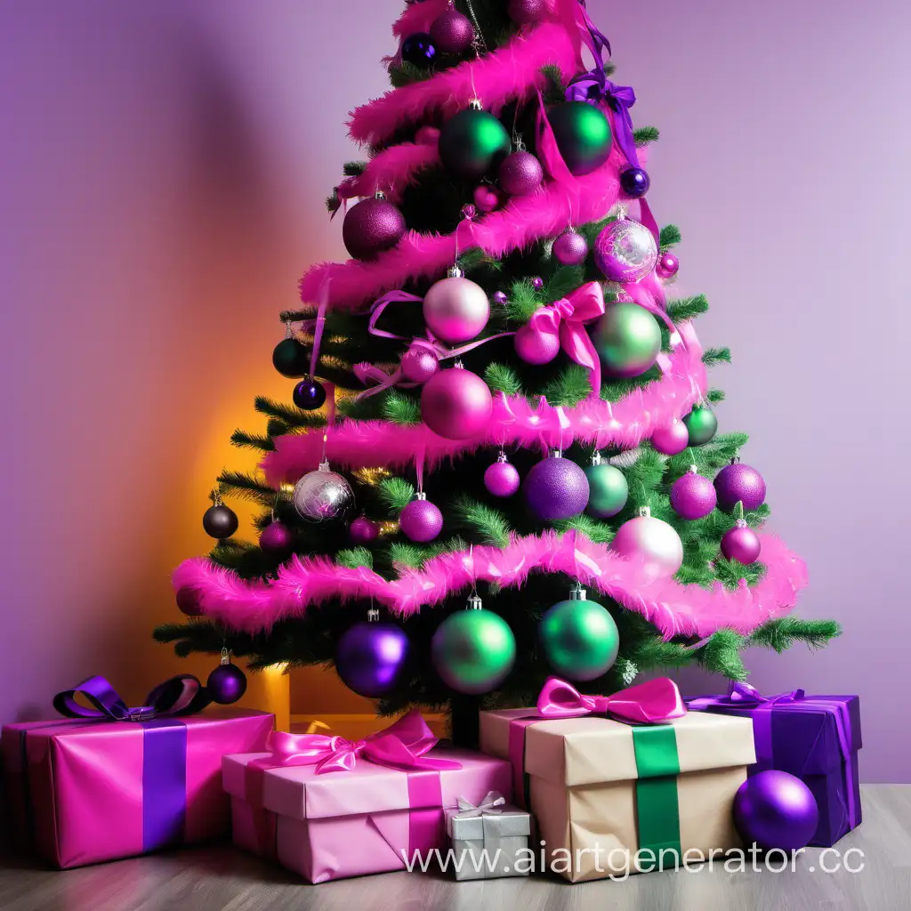 Новогодняя зеленая елка с шарами трех цветов (розовый, фиолетовый, салатовый).
Под елкой подарки оформленные в тех же цветах