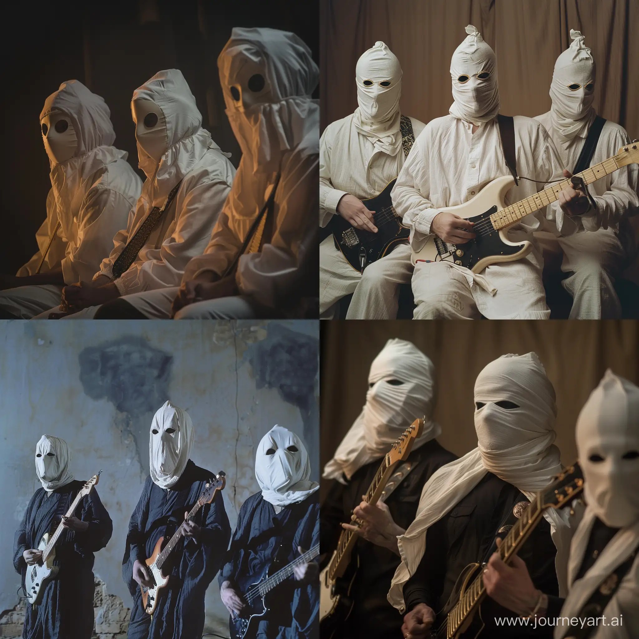 A bizarre rock recital. The band is wearing white cloth masks.