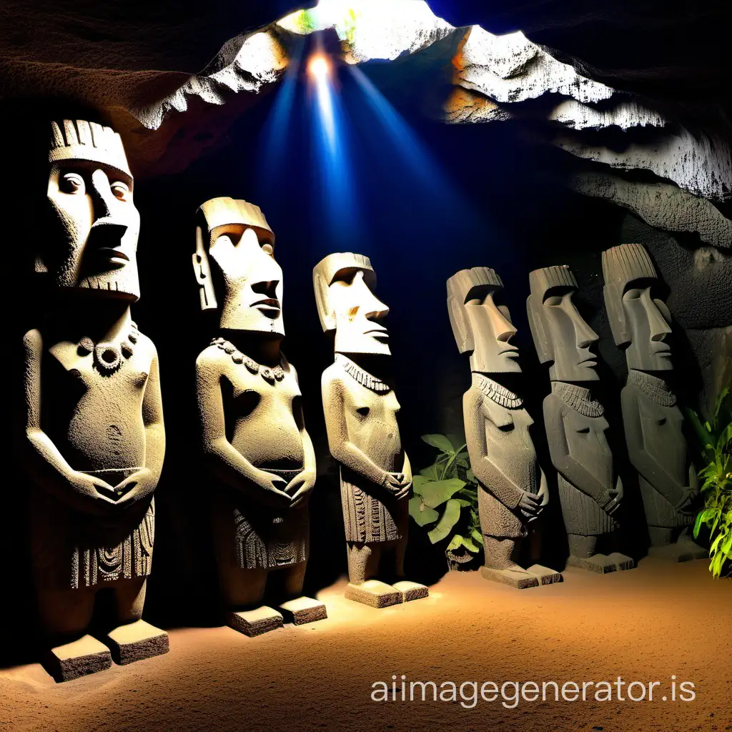 Easter Island statues inside a cave grotto with lots of stalactites
