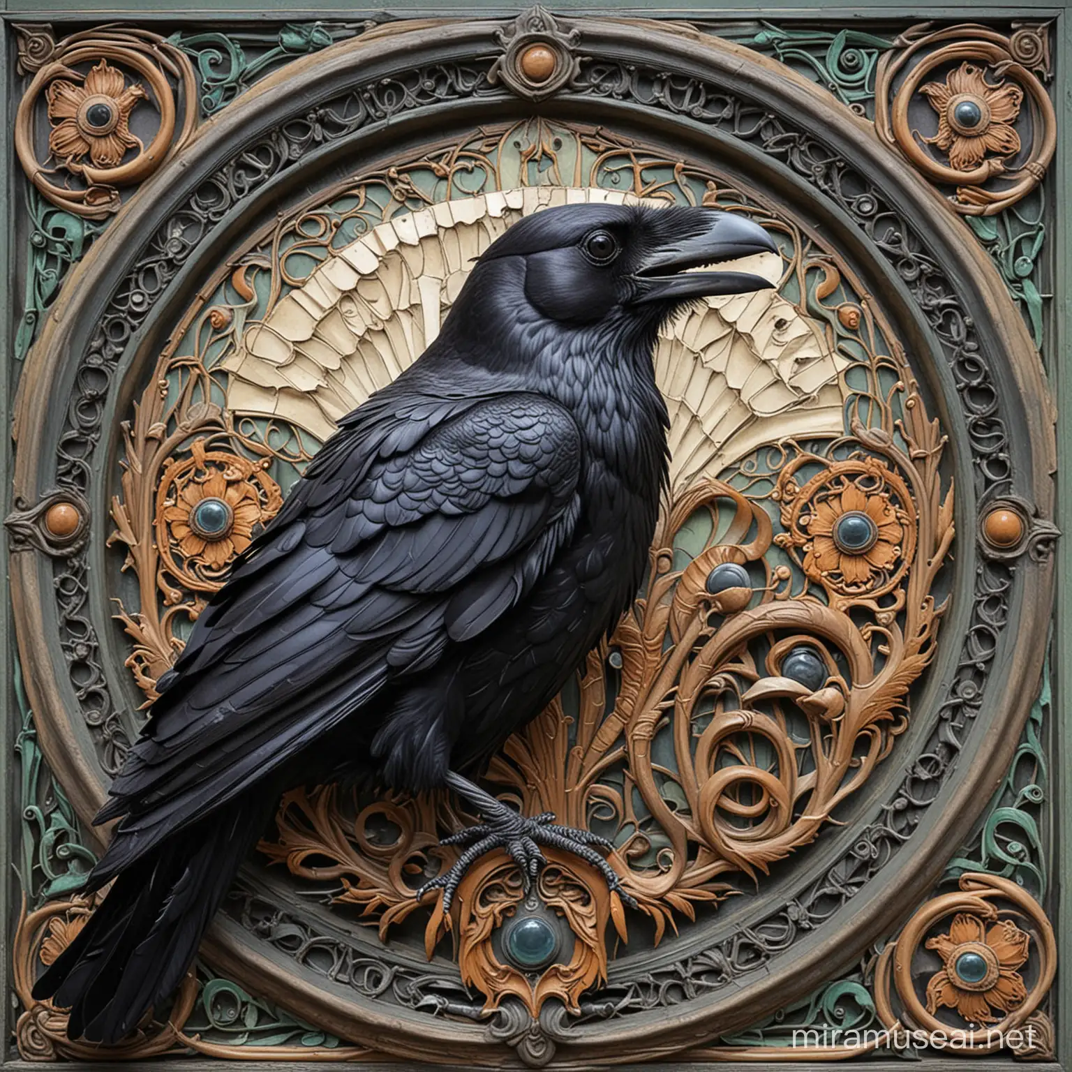 art nouveau style, raven with human teeth in beak 