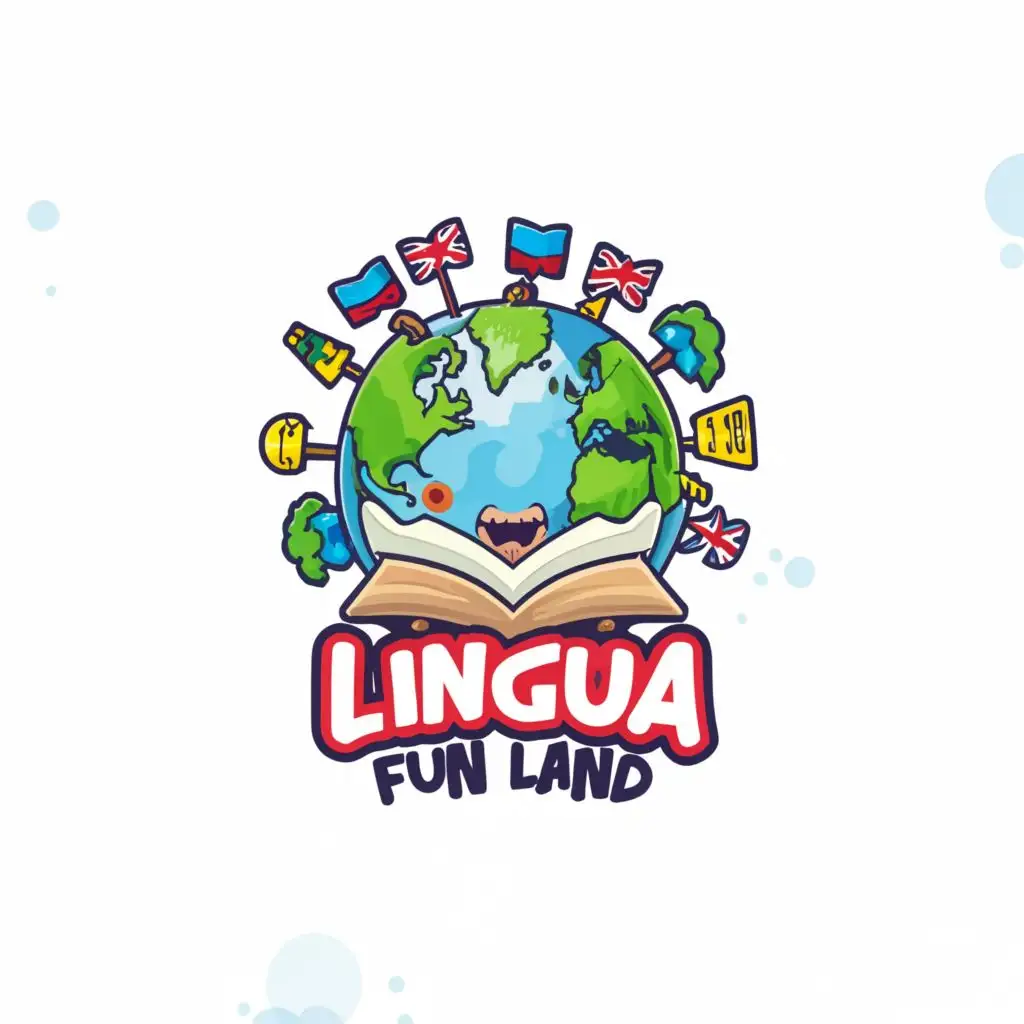 a logo design,with the text "Lingua Fun Land", main symbol:planet earth, open book, flags, be used in Education industry