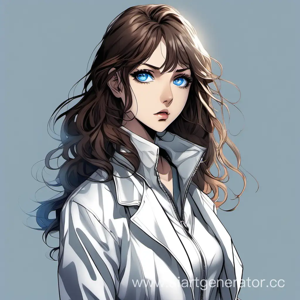 girl, blue eyes, thin lips, brunette, wavy hair of medium length, in a white jacket with a high stand-up collar, serious facial expression, semi-realism close to anime