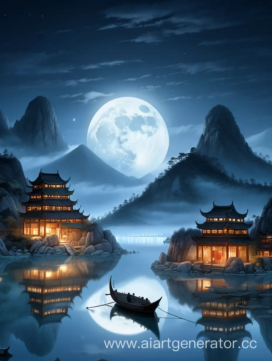 Древний китай, глубокая ночь, одинокая гора, огромное зеркальное озеро, полная луна, лодка, нет домов