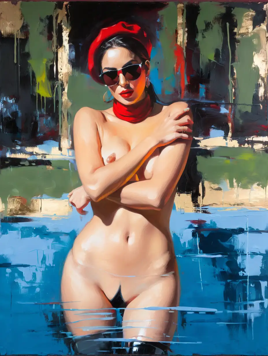 Full color painting of (nude woman:1.3) , (no wearing underwear:1.4) , with cyberpunk-sunglasses, red beret , high heel shoes, perfect hourglass figure, perfect perky tits, medium teardrop breasts , on a red-black wall background, lora:mj52:0.7 , unreal engine , visible flat brushstrokes , large rough brush strokes , palette knife , thick layers of paint, light leaks , night scene , by Henry Asencio & Fabian Perez , view
