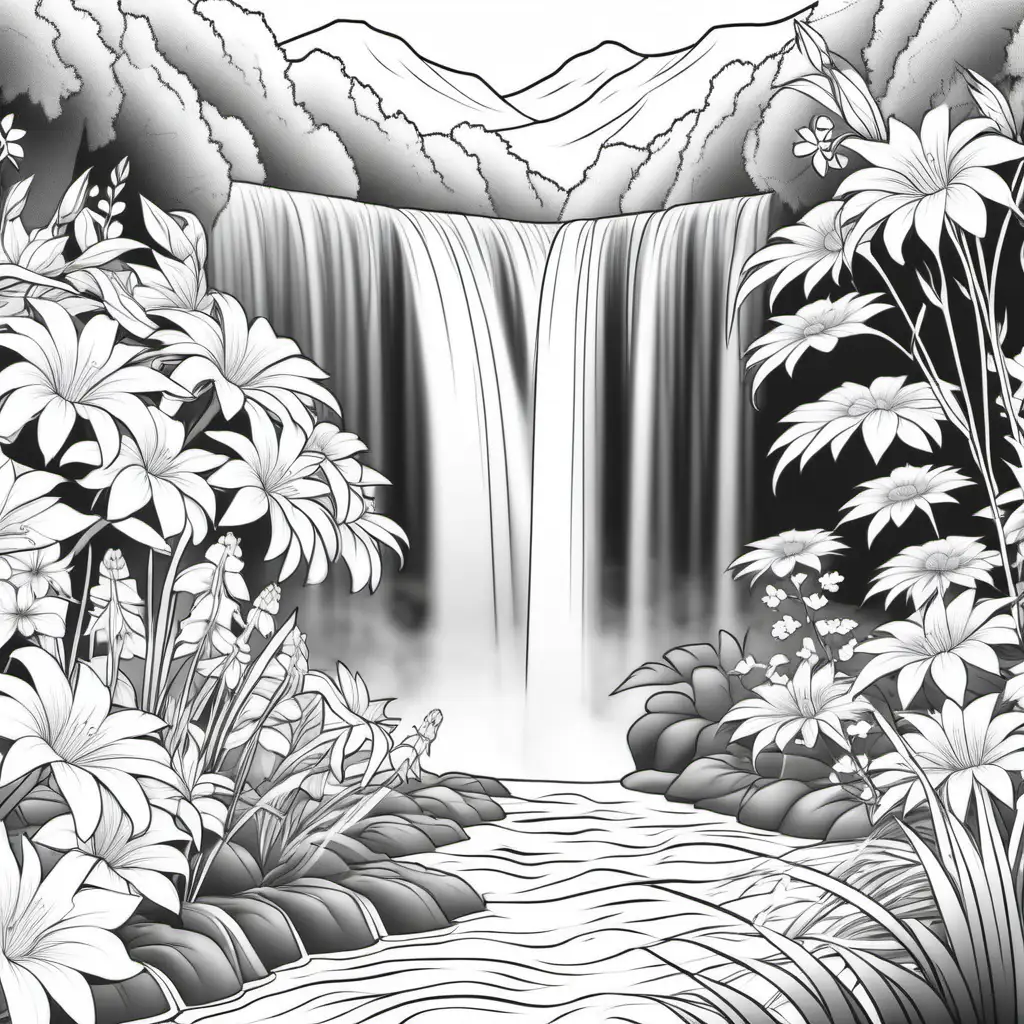 waterfall and flowers

, coloring page, black and white, high dof, 8k,--ar 85:110