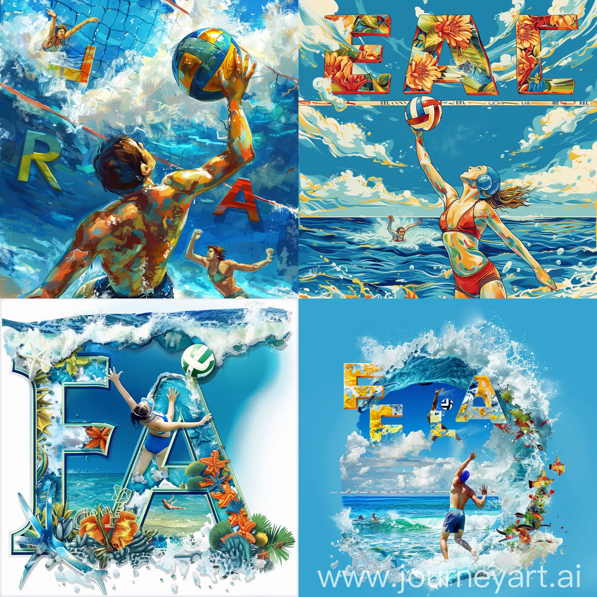 Use the letter E,L, E, A, N, O, R in a picture, include a swimmer and a volleyball. Include the ocean