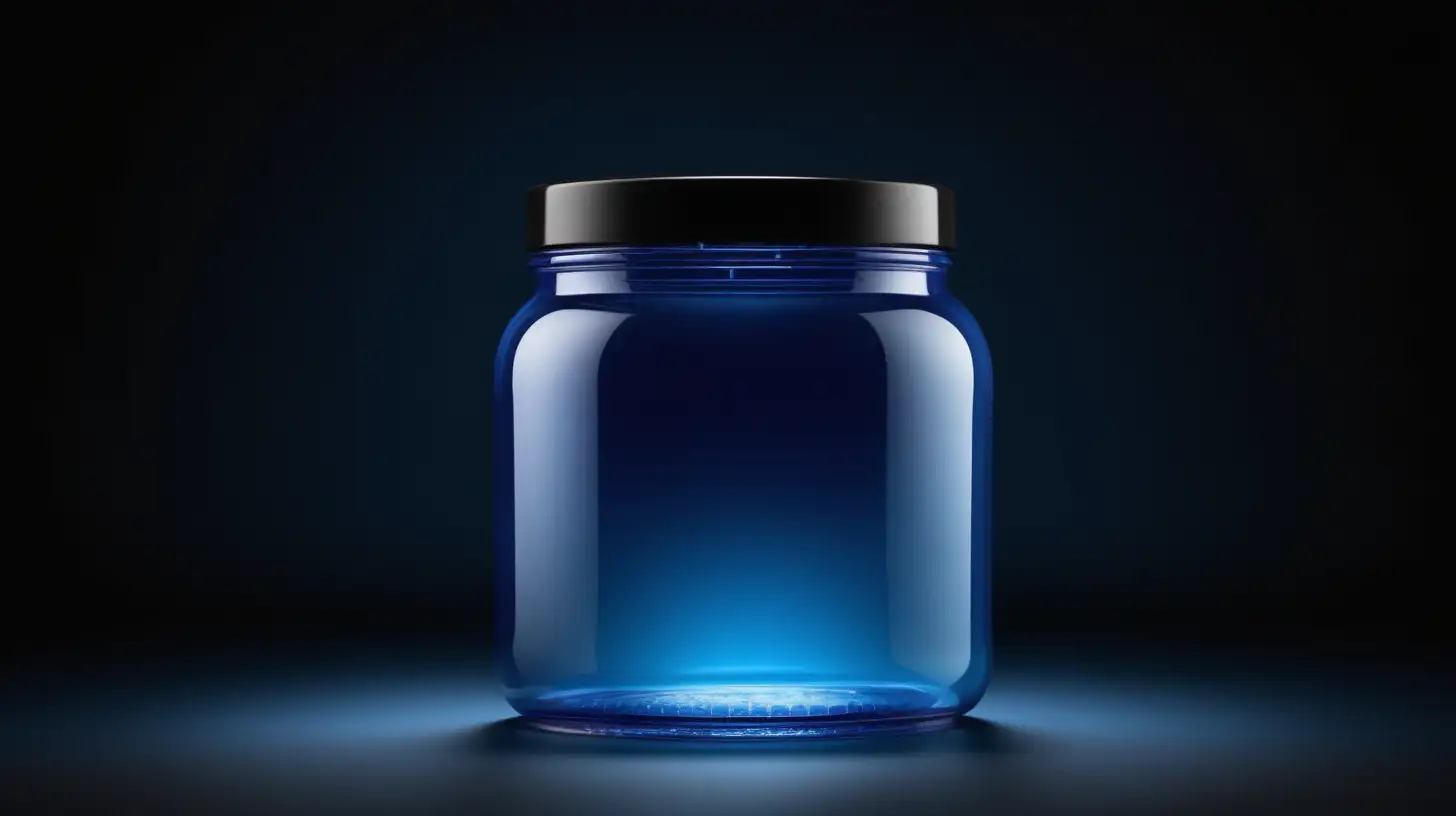 taller transparent blue plastic jar with a black lid with gradient dark blue to black background