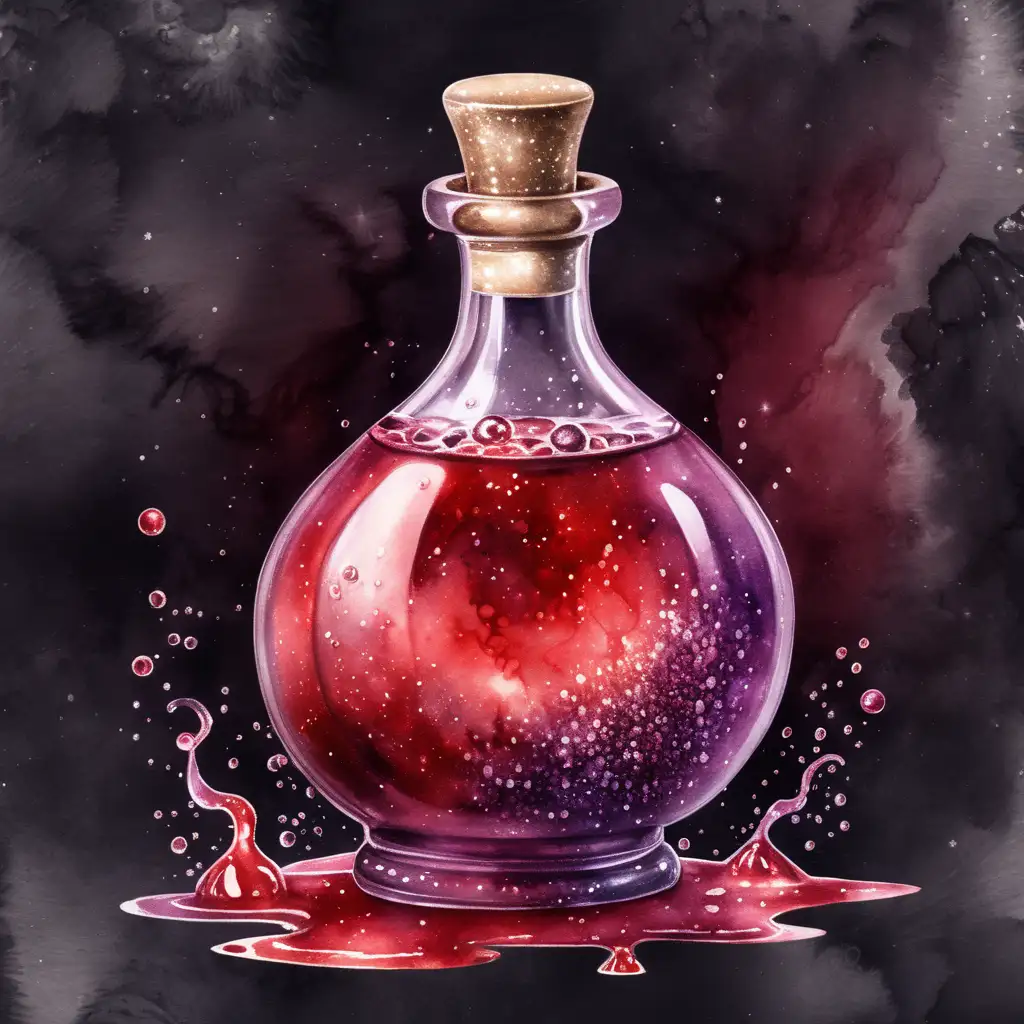 fantasy potion bottle with glittering red liquid, dark watercolor drawing, no background