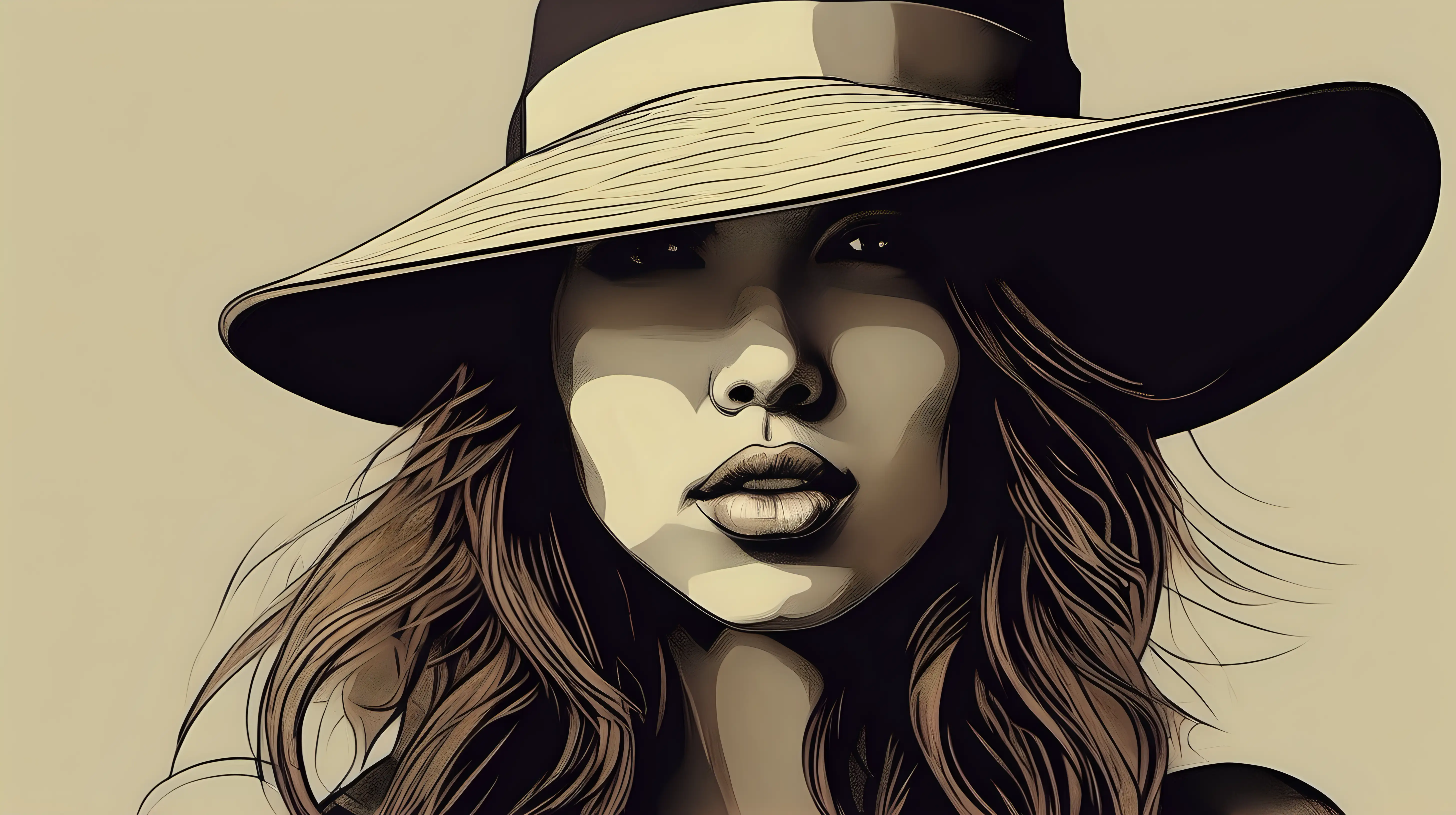 contemporary art style of a young woman face wearing a hat
