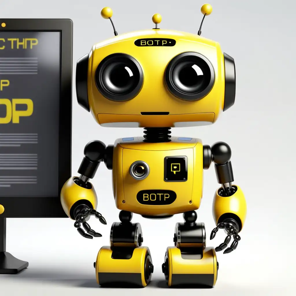 жълто черено роботче с екран  и да има надпис 'BOTP'