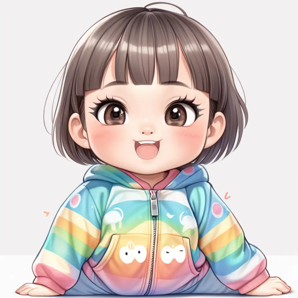 kawaii style character, novel storyboard --ar 4:5 --style raw, a cute chubby Asian baby girl with big eyes and long eye lashes with short hair back and triangle bang , She has a big smile with 2 small bottom teeth only showing, with 2 big dimples on her cheek, wearing a long sleeves onesie with rainbow prints 