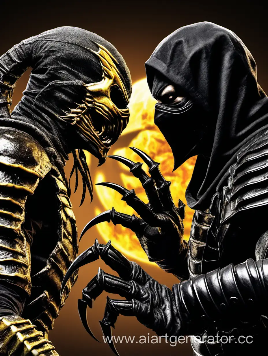 scorpion against noob saibot,  face to face, macro, detailed art, fight poster, 