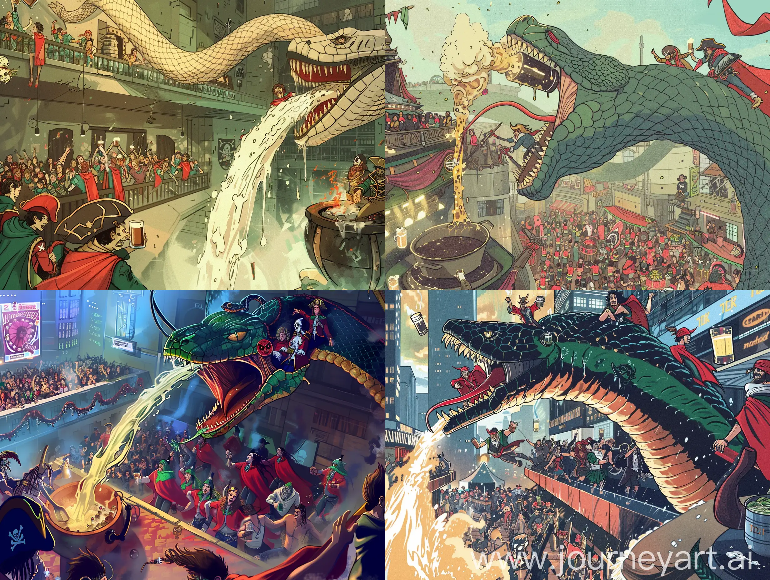 Anime style. I would like an illustration depicting a giant serpent spewing beer onto a crowd of people partying in a modern discotheque. I'd like to see individuals wearing red capes with green trim riding the snake. In one corner of the image, I'd like to have 2 pirates cooking a mysterious concoction in a cauldron. 