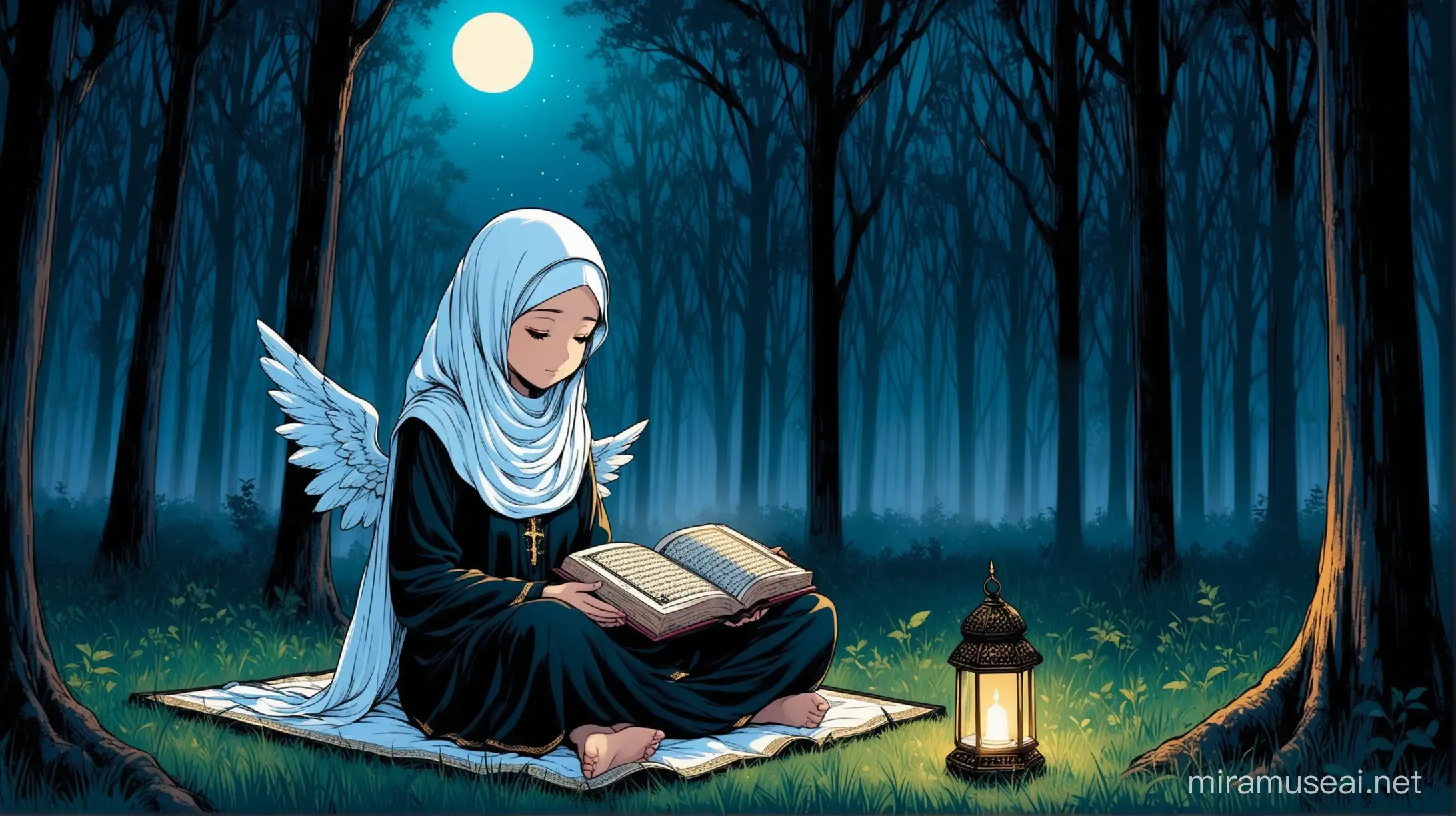 ' if her hair is not visible', the covered girl reads the Quran in the forest at night with her blue and black outfit and there is an angel behind her.
