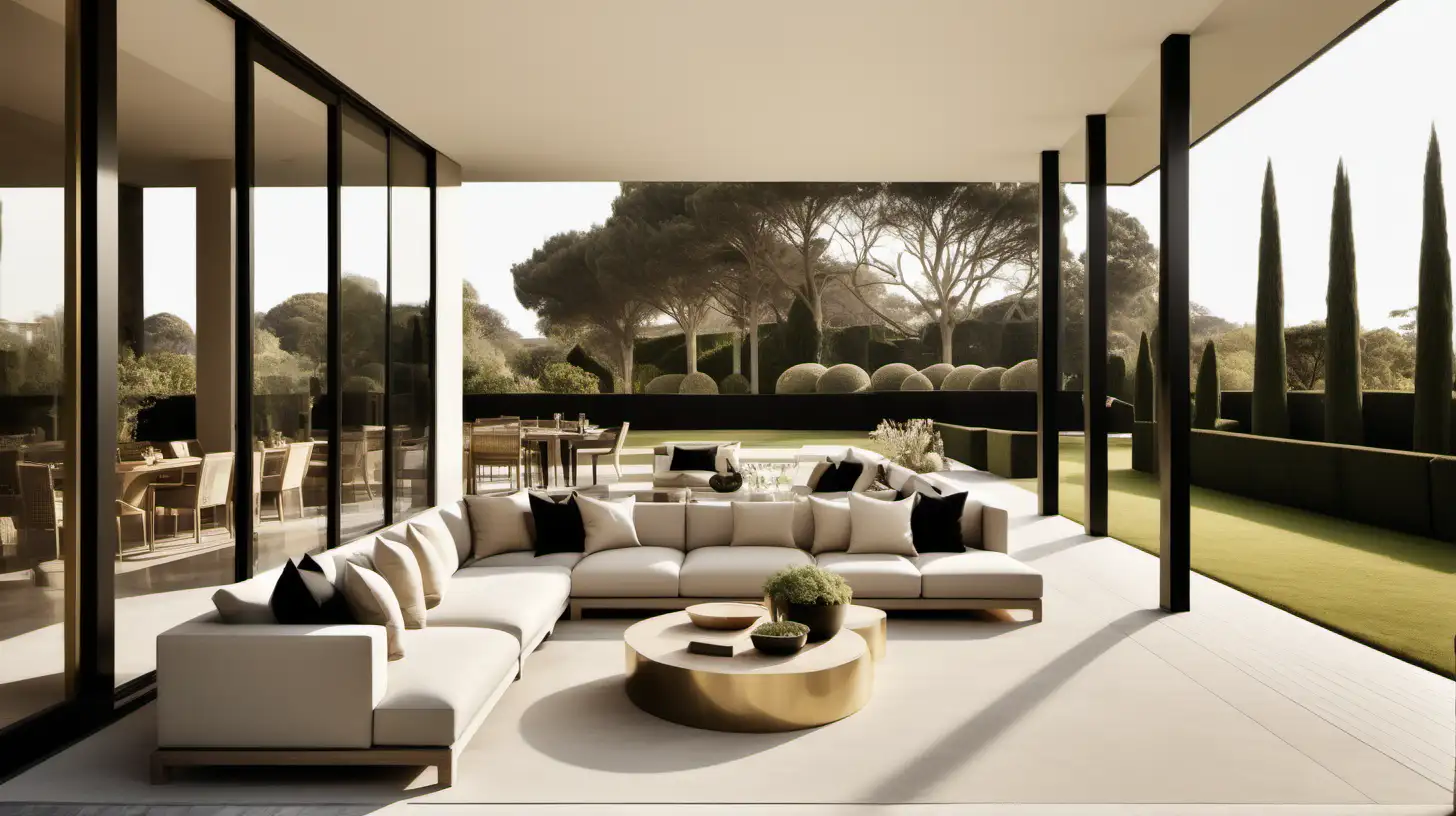 imagine an organic minimalist classic contemporary large hotel-style home outdoor entertaining in a colour palette of beige, black, oak and brass; sunlight; large windows with a view of the manicured gardens;