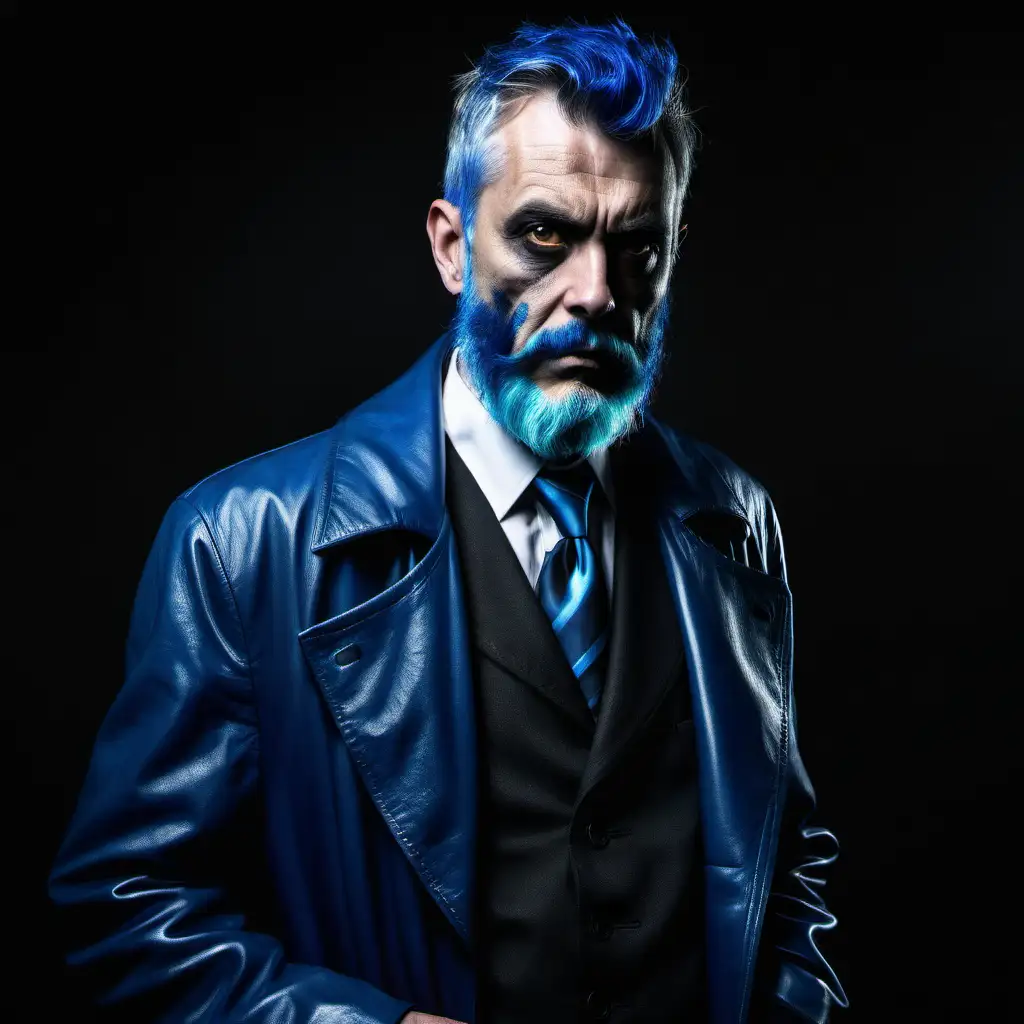 man with blue beard, blue leather coat and necktie in a black background, looking ominous
