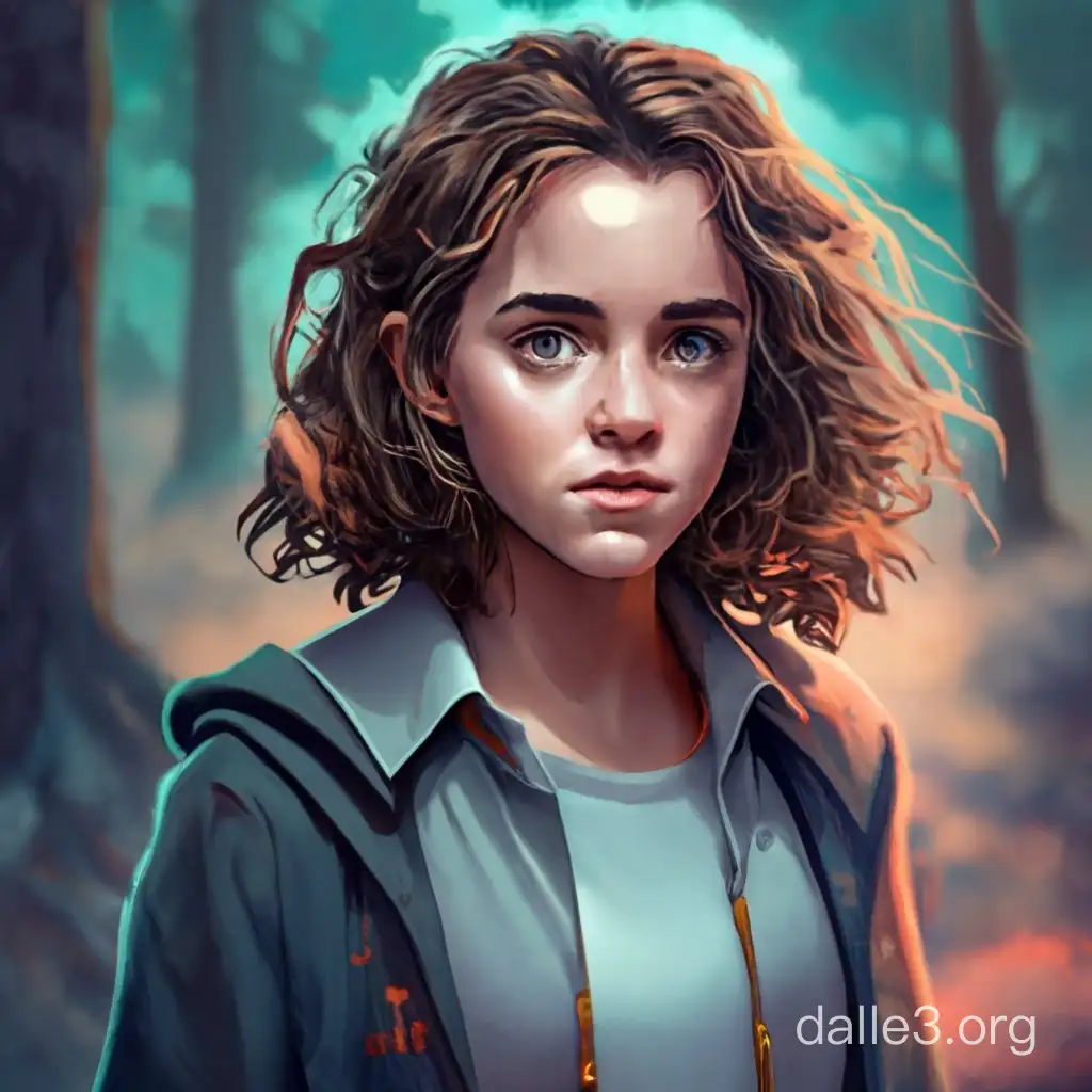 digital art style, detailed, Dynamic Contracts, Color Accents, Dark, Classy, Magical, Hermione Granger with very short messy hair in gray ragged clothes standing in the center of a very small stadium in the woods