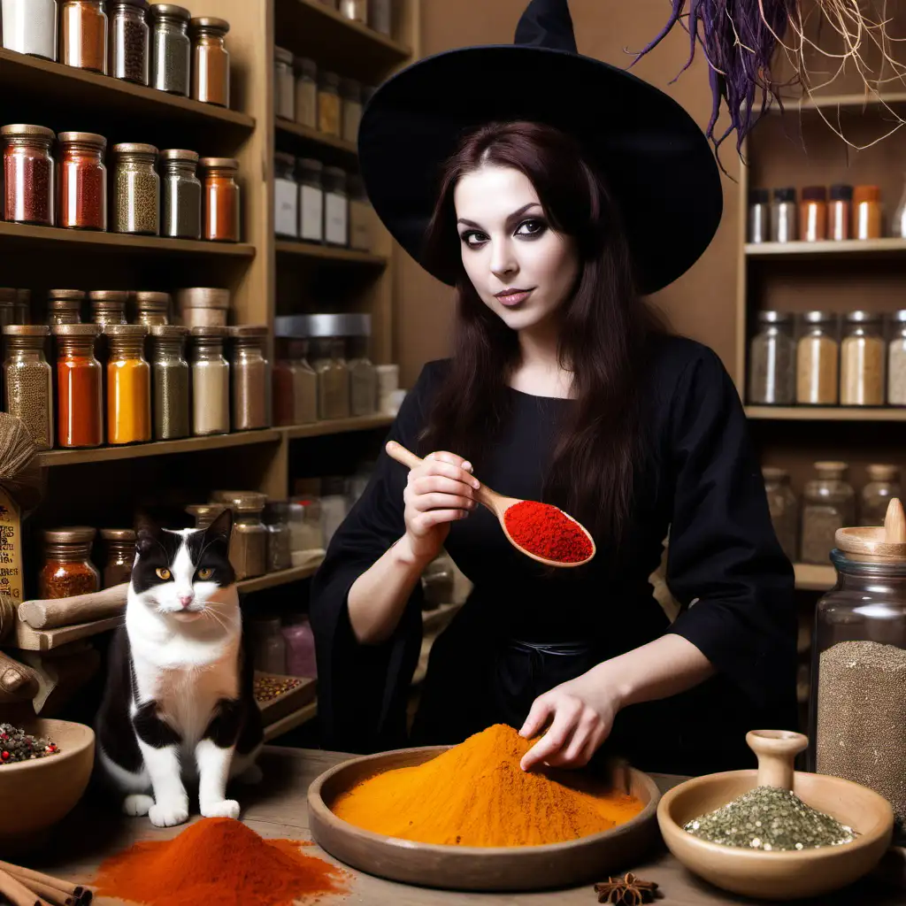 spice shop, brunette witch working, a cat 