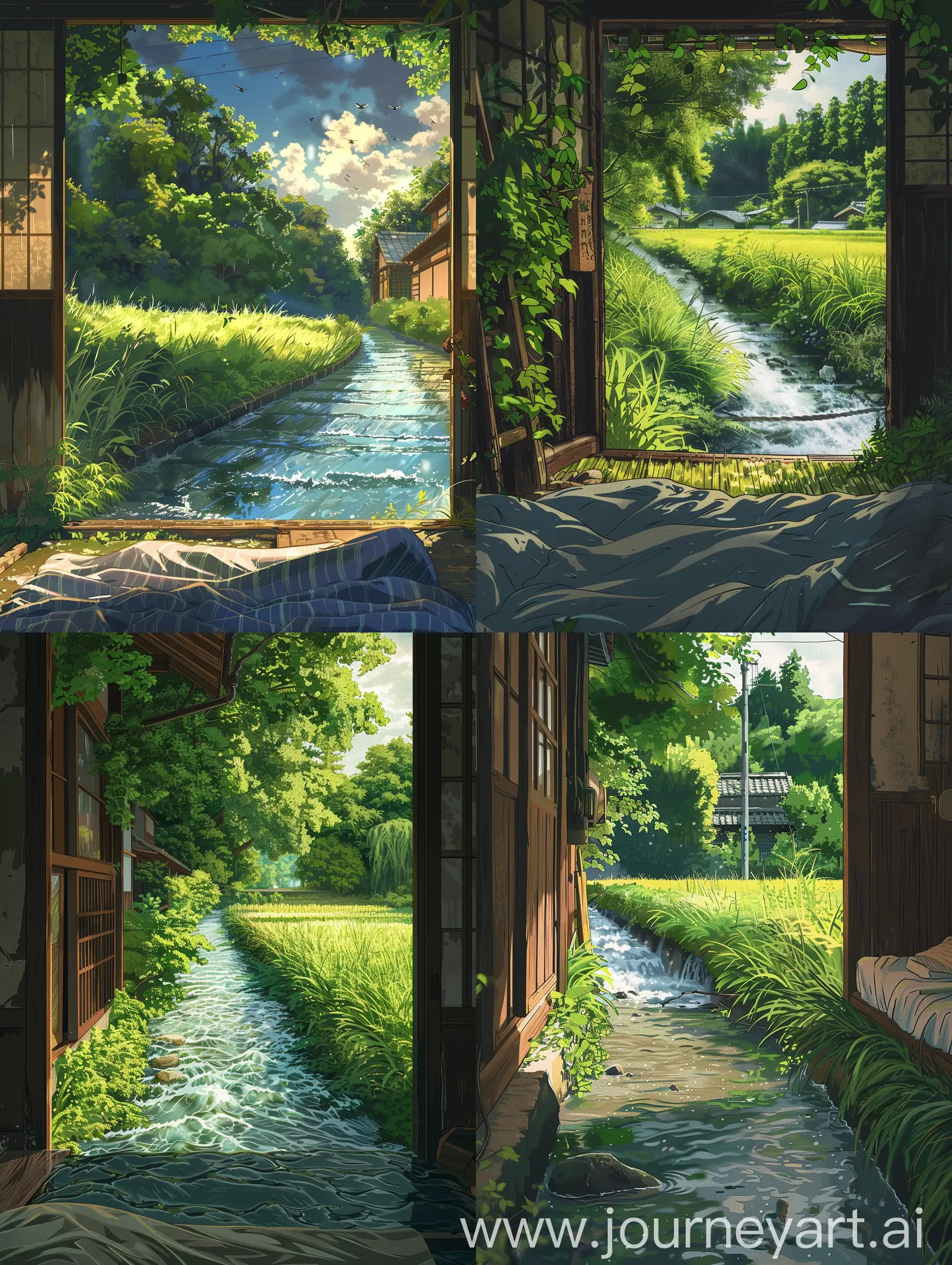 Makato shinkai anime style,beautiful textures,a view from a room door,a beautiful area where the water is flowing in a line which is little wide but long,some grass,behind this water there is a  greenery with beautiful leaves,beautiful leaves covering,beautiful trees,summers,beautiful sky,in room there is some basic stuff,just a small bed,its a village side,its should be image which relax the mind and should be giving some peaceful vibes emerging in nature.
