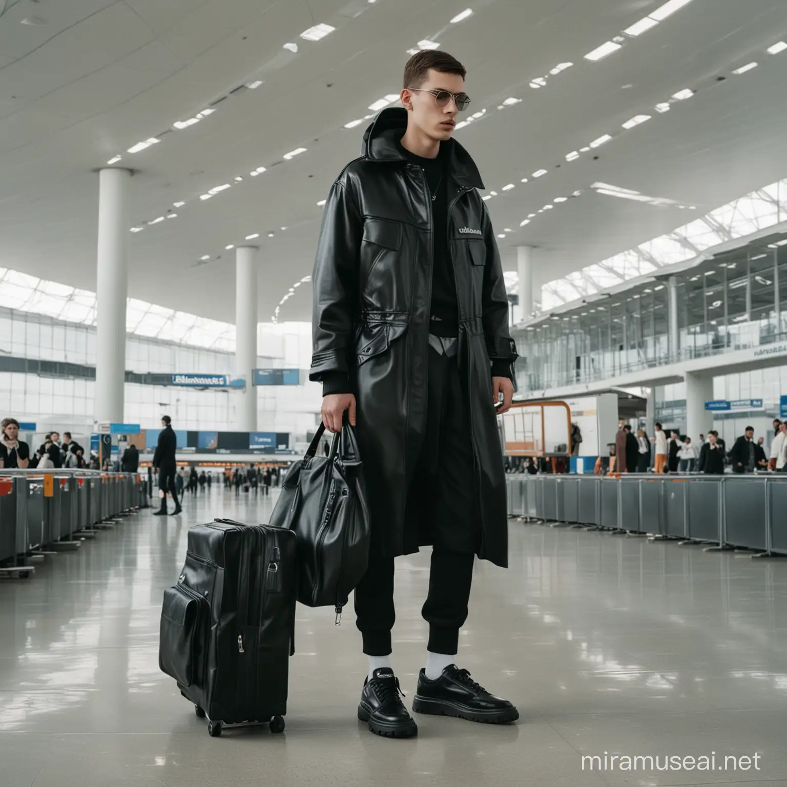 balanciaga is creating a new line inspired by the retrofuturism esthetic, generate me an image with a man wearing a dark balanciaga outfit inside a retro airport