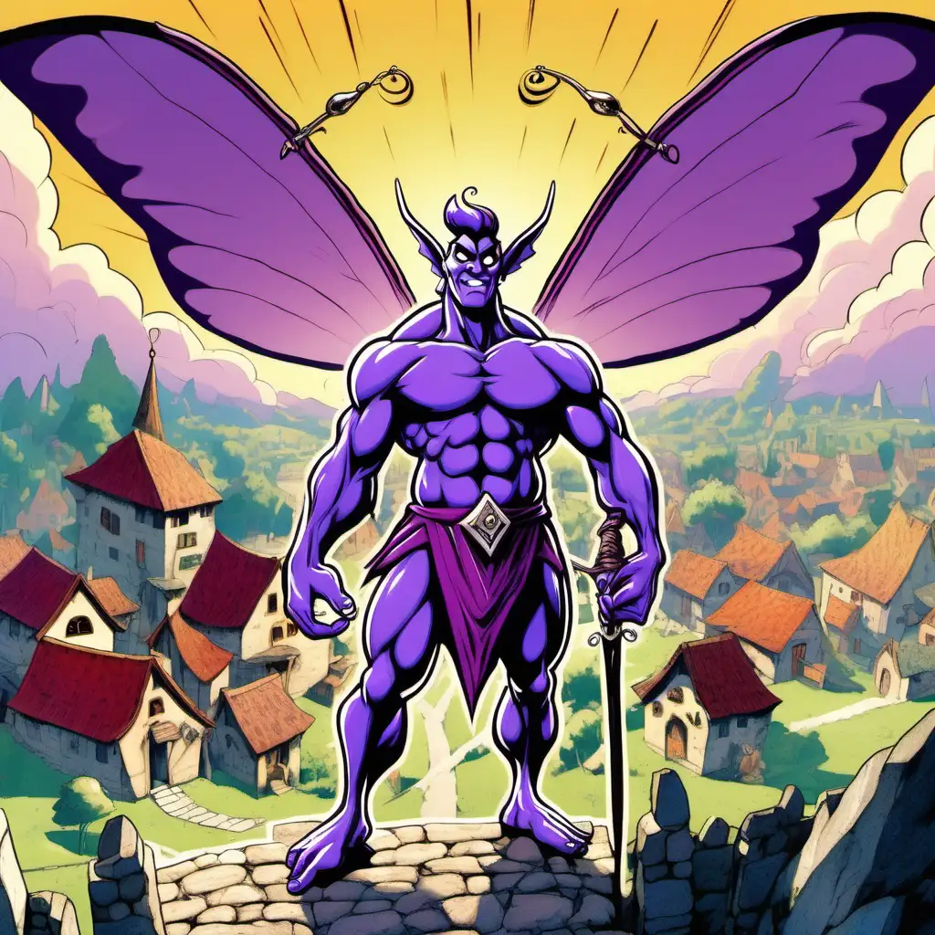 Majestic Purple Fairy Soaring with Lightning Spear over Medieval Village