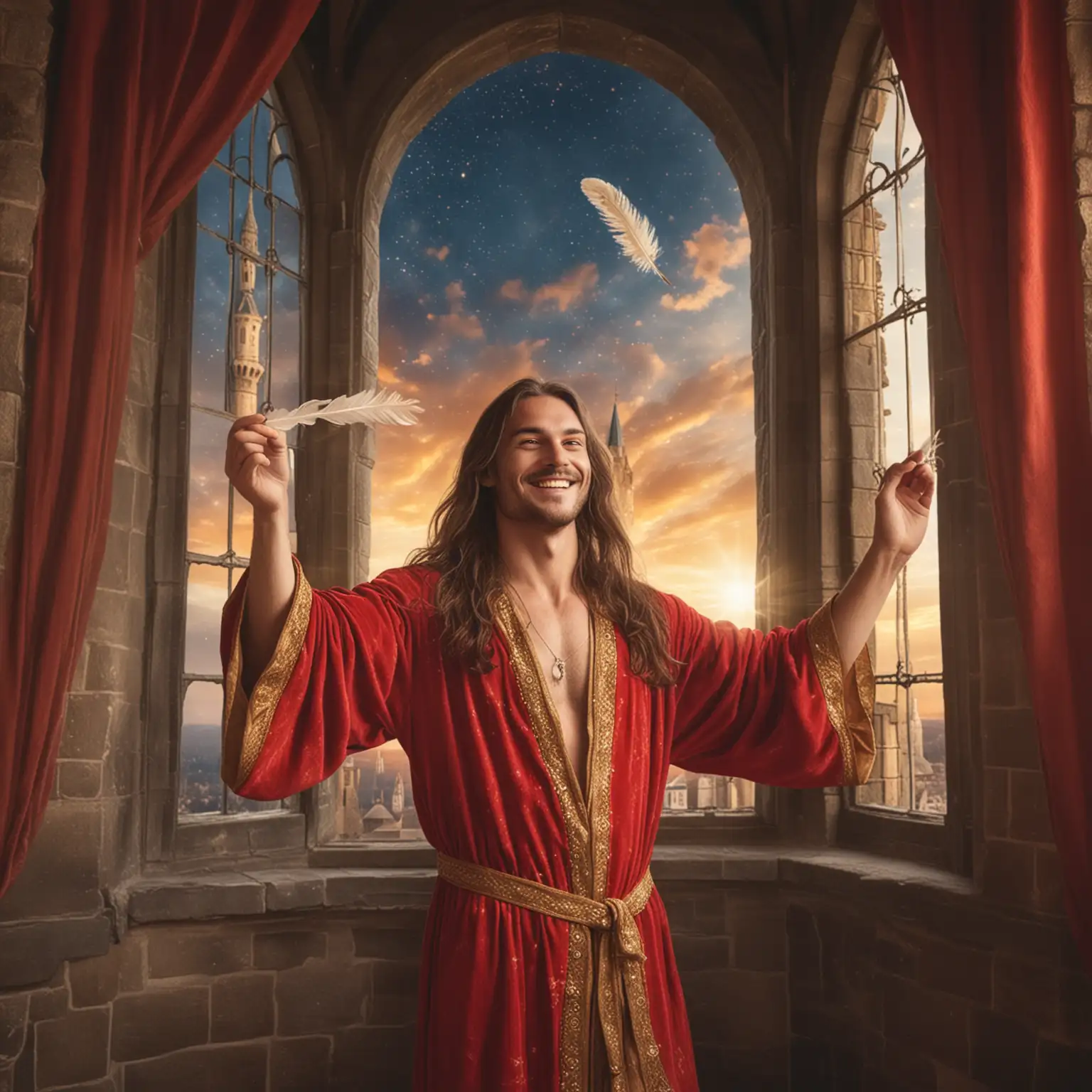 medieval smiling long haired man dressed in a soft crimson robe with gold trim holding a feather and dancing in front of a castle window with celestial skies above