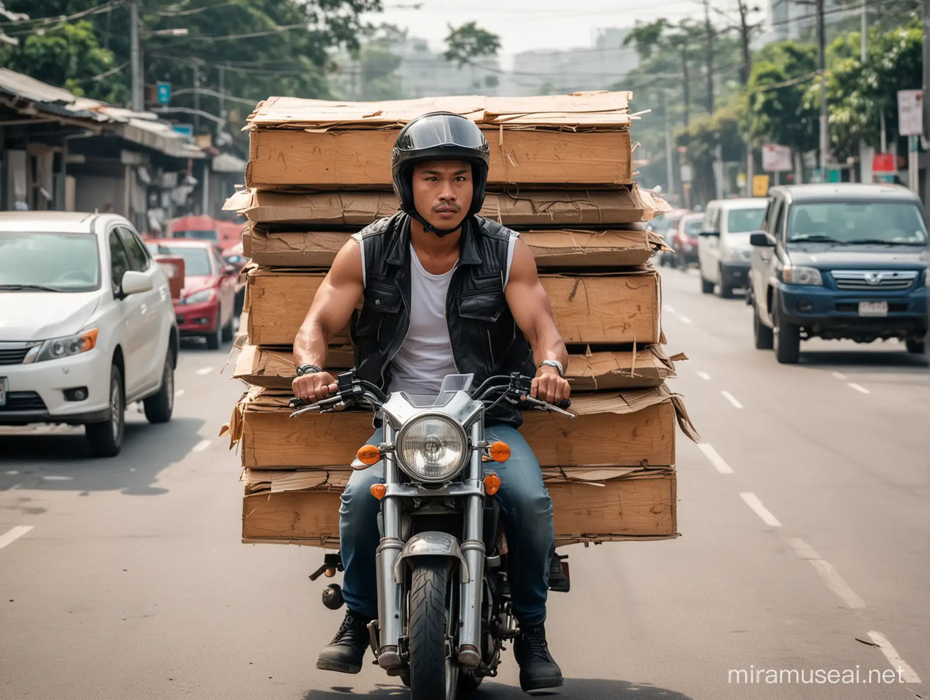 show a legit filipino motorcycle delivery rider with vest and helmet on wavering through traffic that is delivering plywood with cement stacked in the back of his motorcycle