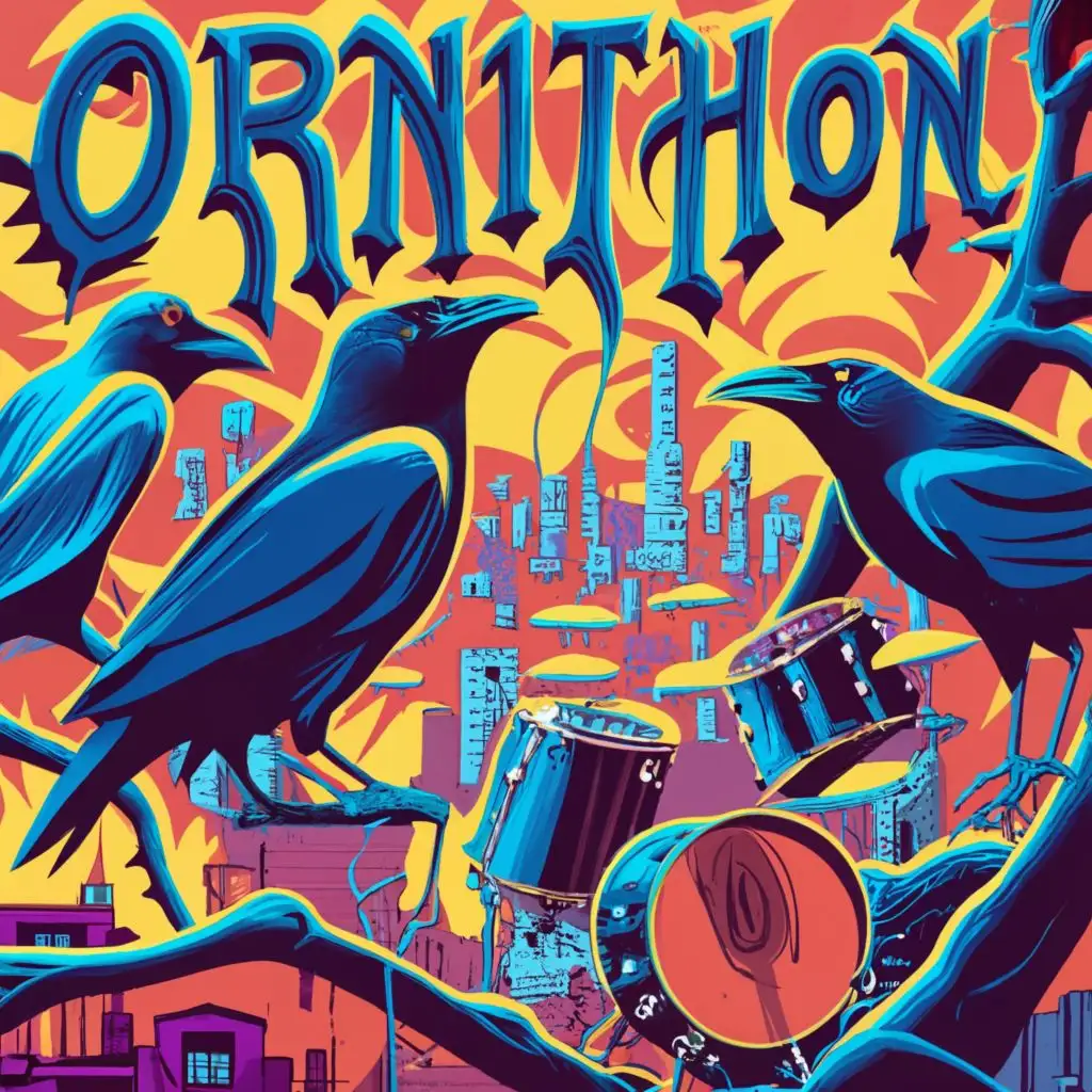 logo, a rock band of ravens, a music group of friendly ravens with guitar and drums, sitting in a dead needle tree, forest, dystopia, death, dark, fire, thunder, lava, in the background old broken industrial buildings, in comic, graffiti, colorful, logo, with the text "Ornithon", typography