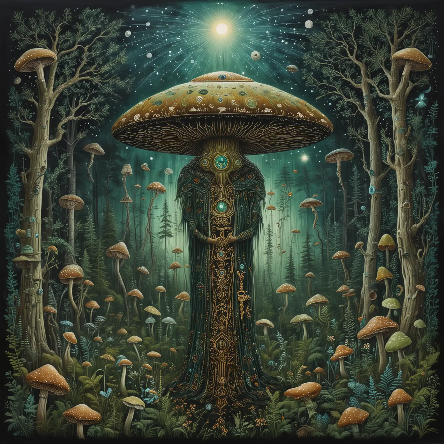 Shamanic Mushrooms Mysticism, slavonic style Orthodoxy Icon, old icon master tempera painting of green and black skin UFO Alien as holy writer, and holy inscriptions and forest