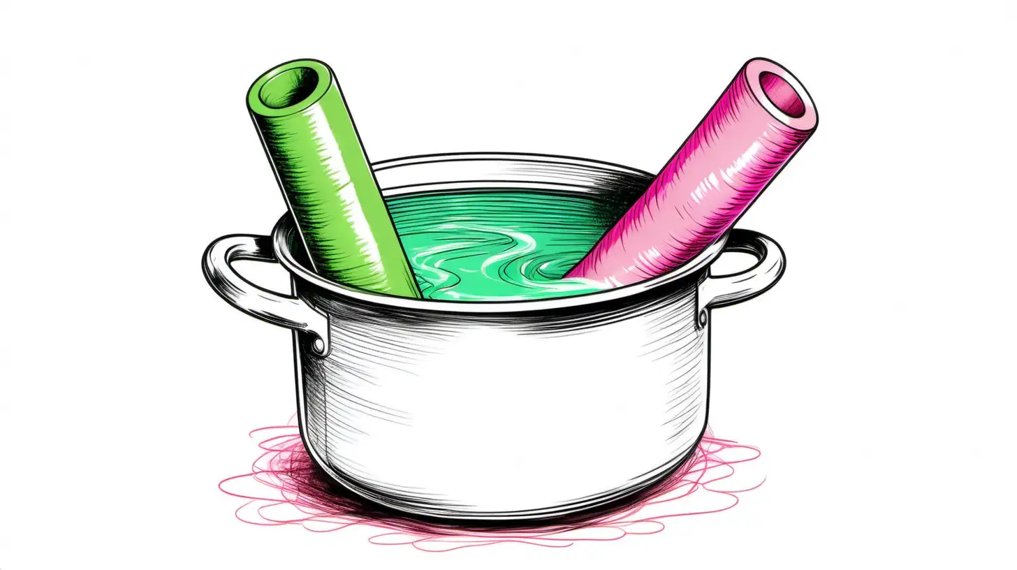 Sketch illustration of boiling pot with green and pink pool noodle. On a white background