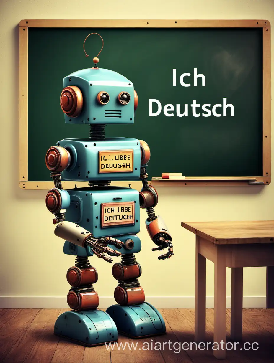 Милый робот стоит у школьной доски, на доске написано "Ich liebe Deutsch"
